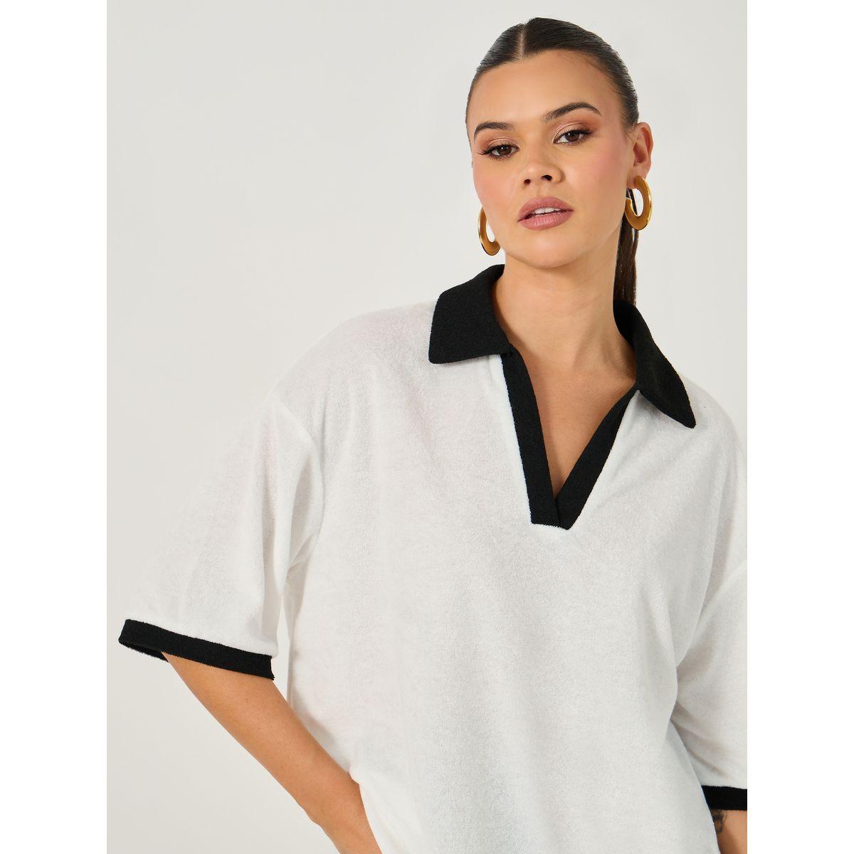 Styli Contrast Trim Solid Short Sleeve Boxy Fit Polo T-shirt-women-clothing-tshirts-image-4