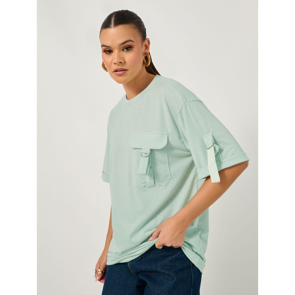 Styli Oversized Round Neck T-Shirt with Utility Pocket Detail-women-clothing-tshirts-image-1