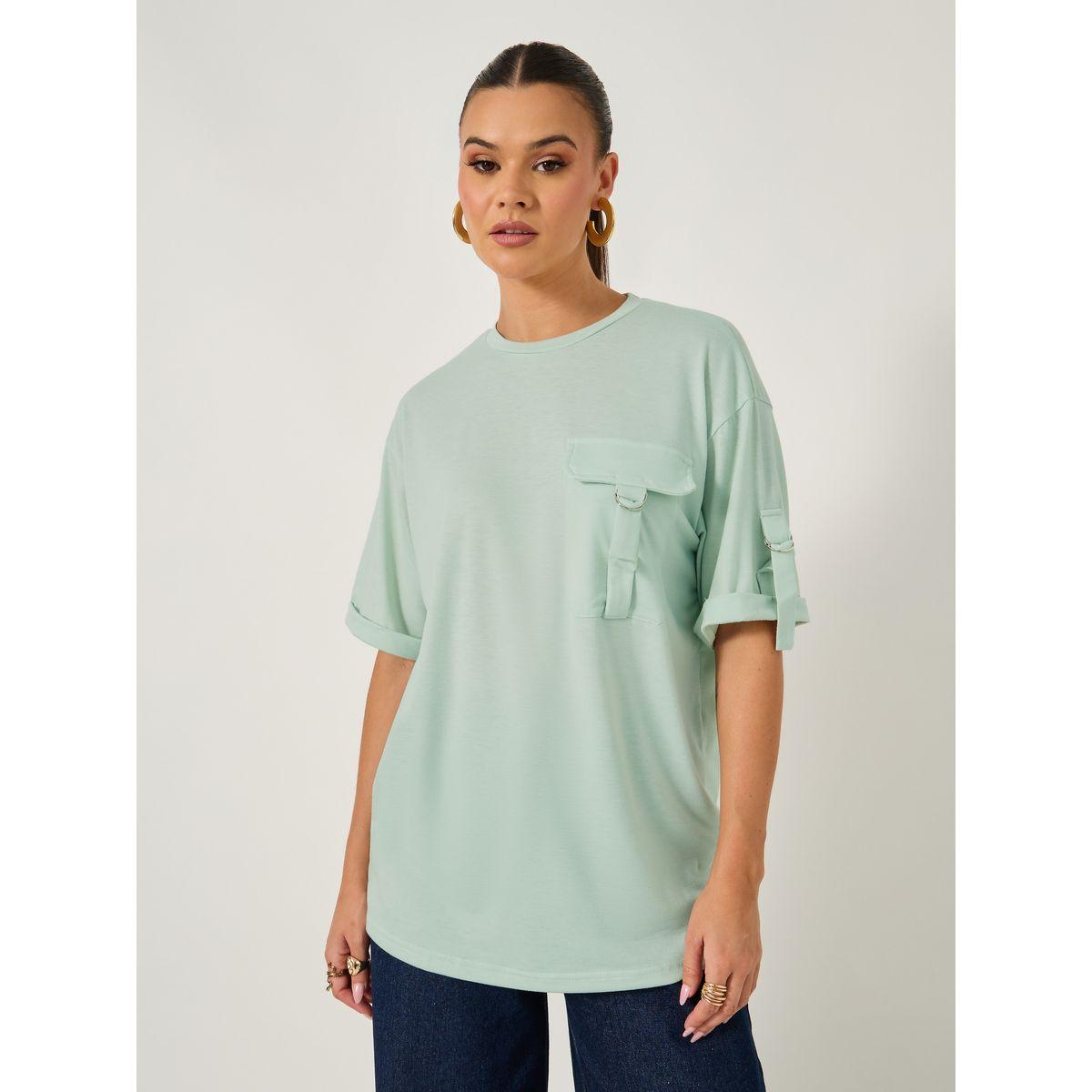 Styli Oversized Round Neck T-Shirt with Utility Pocket Detail-women-clothing-tshirts-image-2