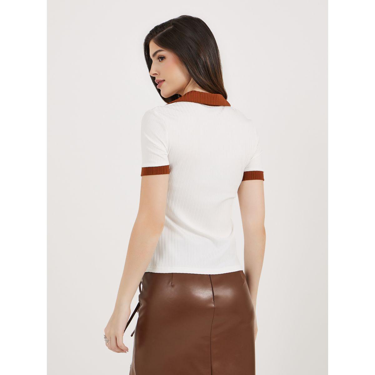 تيشيرت بياقة بولو وتفاصيل مضلعة مع حواف متباينة-women-clothing-tshirts-image-5