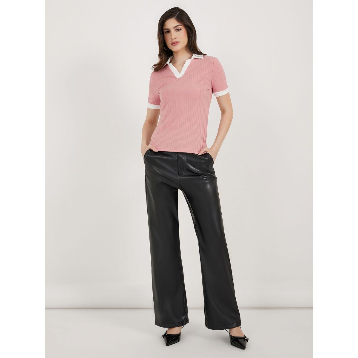 تيشيرت بياقة بولو وتفاصيل مضلعة مع حواف متباينة-women-clothing-tshirts-image-2