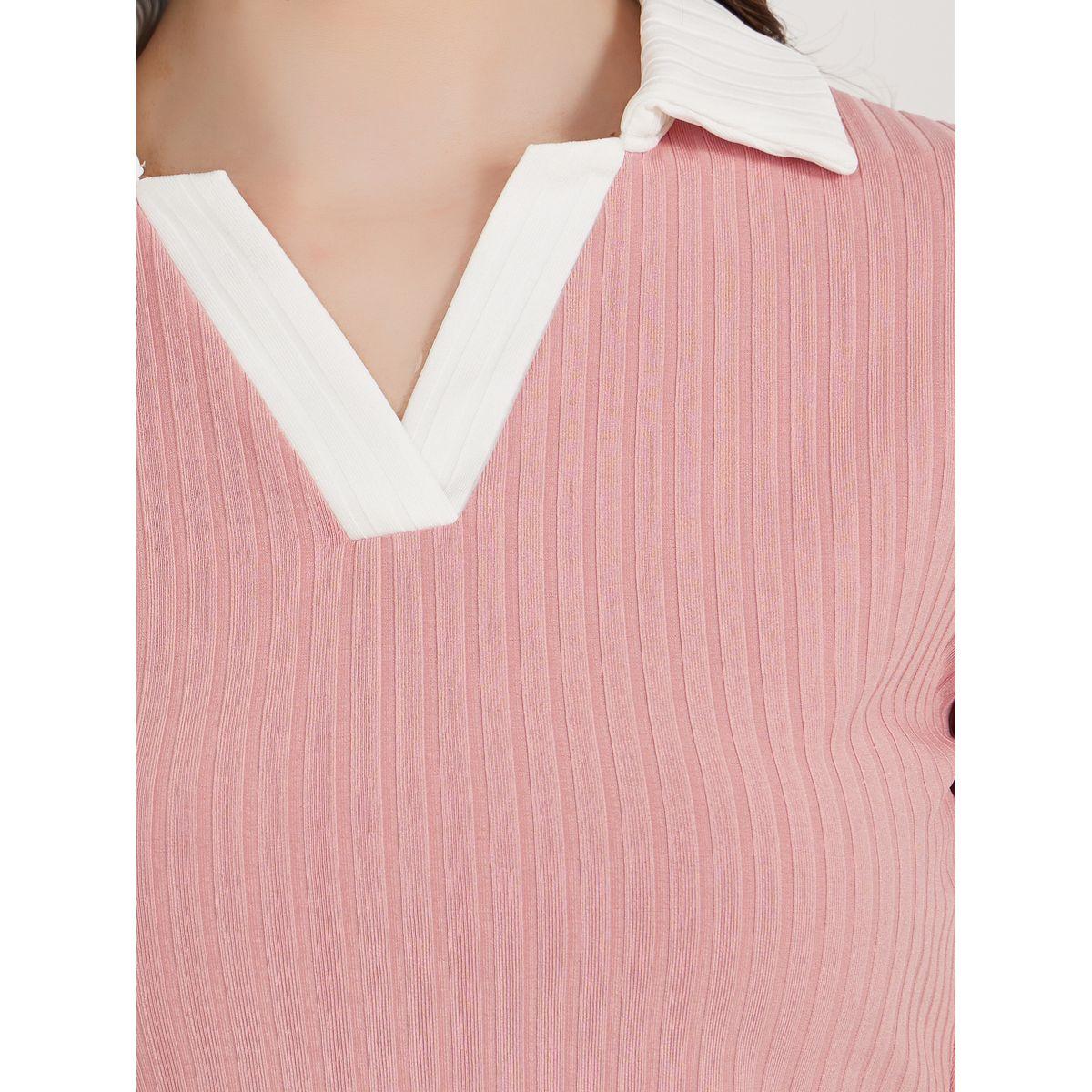 Styli Contrast Trim Rib Collared Fitted Polo T-Shirt-women-clothing-tshirts-image-4