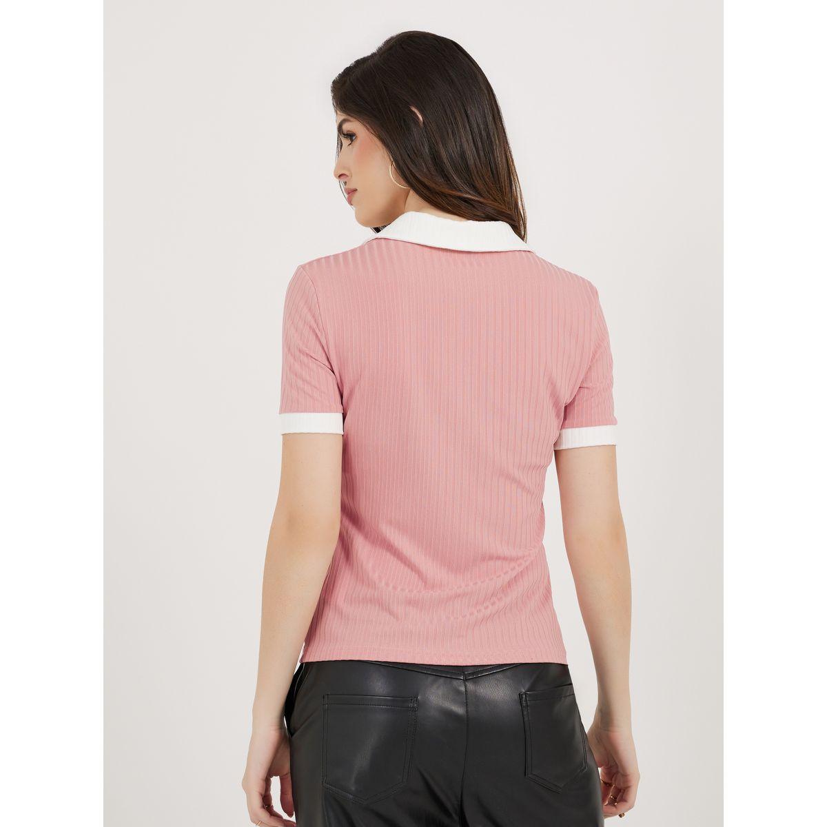 تيشيرت بياقة بولو وتفاصيل مضلعة مع حواف متباينة-women-clothing-tshirts-image-5