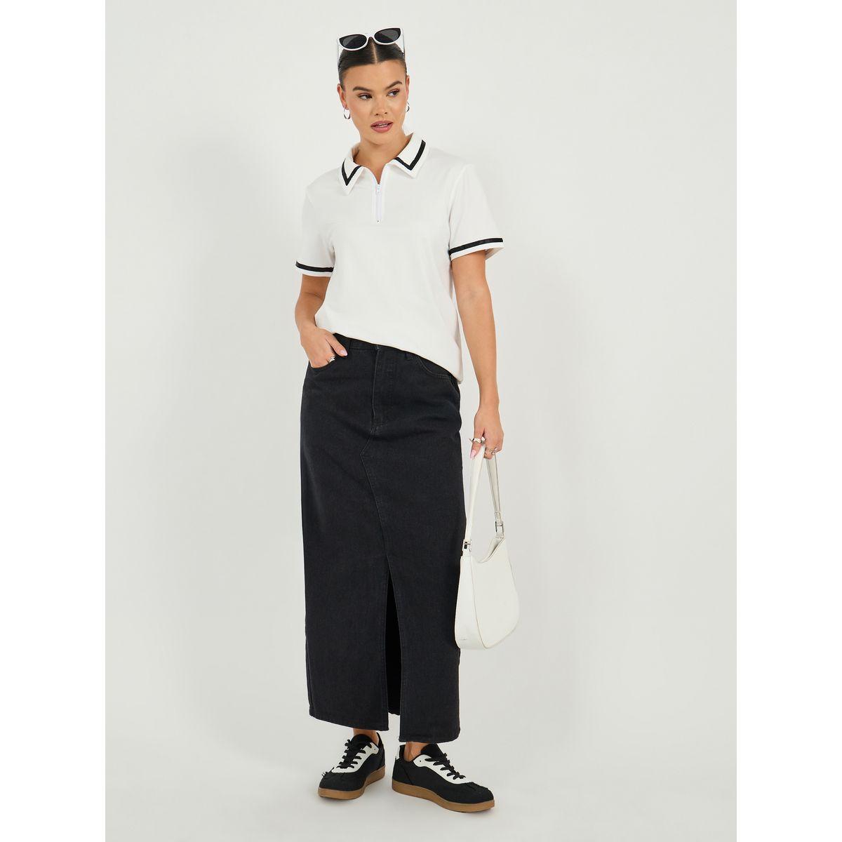 تي شيرت بولو بقصة عادية وحواف مخططة-women-clothing-tshirts-image-2
