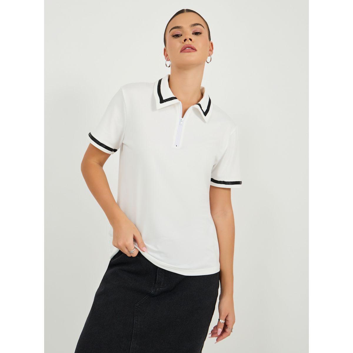 تي شيرت بولو بقصة عادية وحواف مخططة-women-clothing-tshirts-image-4