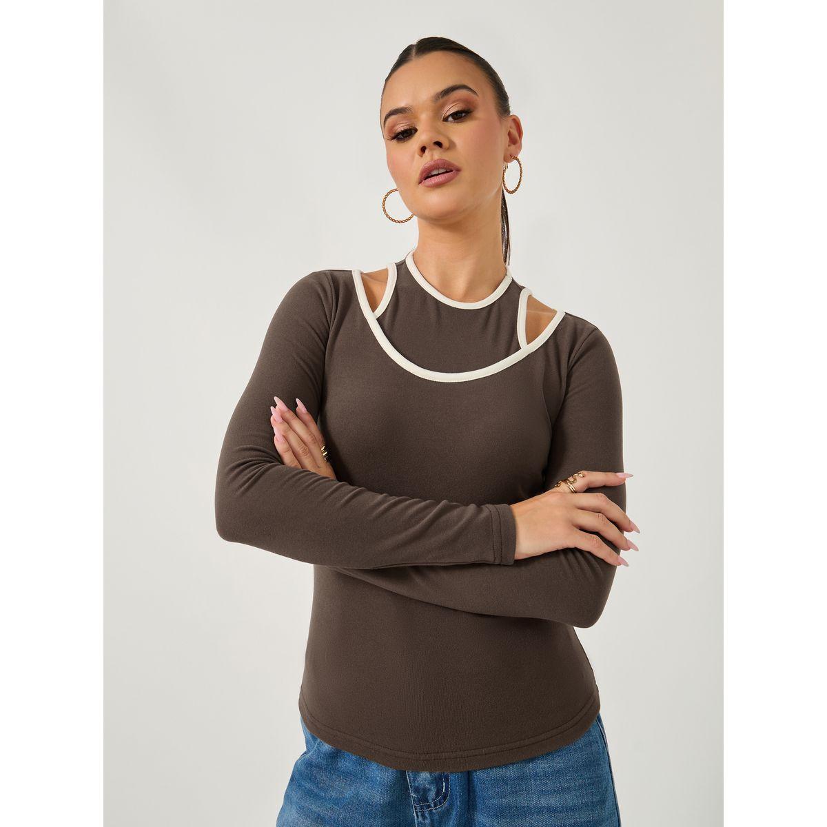 Styli Rib Knit Layered Long Sleeve Fitted T-Shirt-women-clothing-tshirts-image-2
