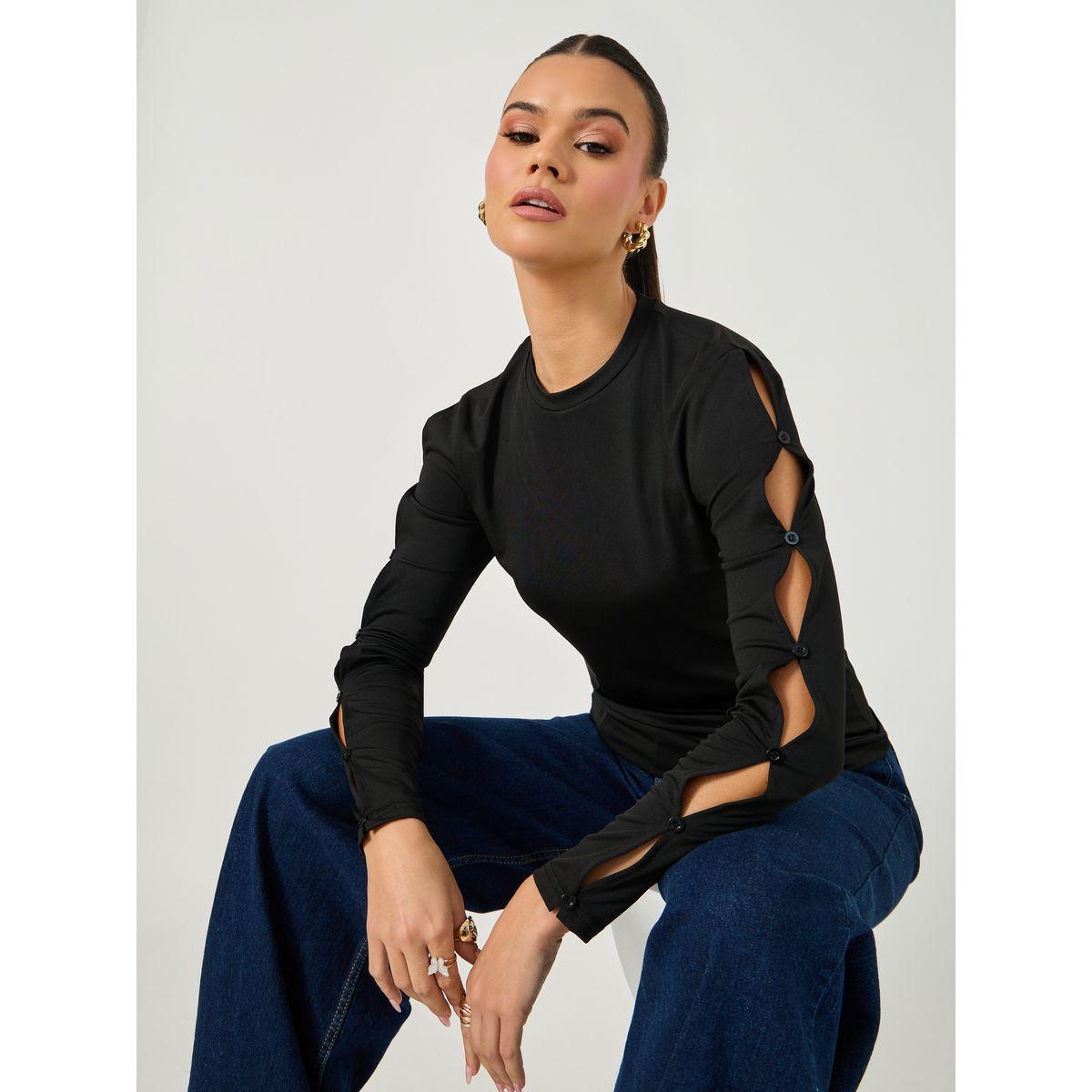 تيشيرت بياقة دائرية وفتحات مع أزرار-women-clothing-tshirts-image-1