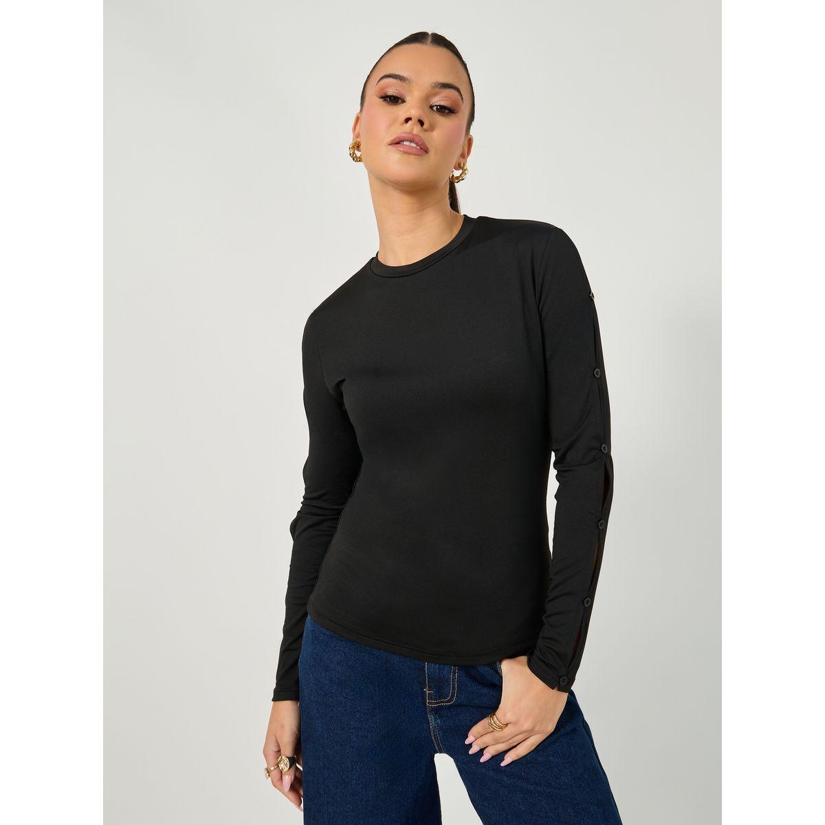 Styli Cut-Out Sleeve Button Detail Round Neck T-Shirt-women-clothing-tshirts-image-2