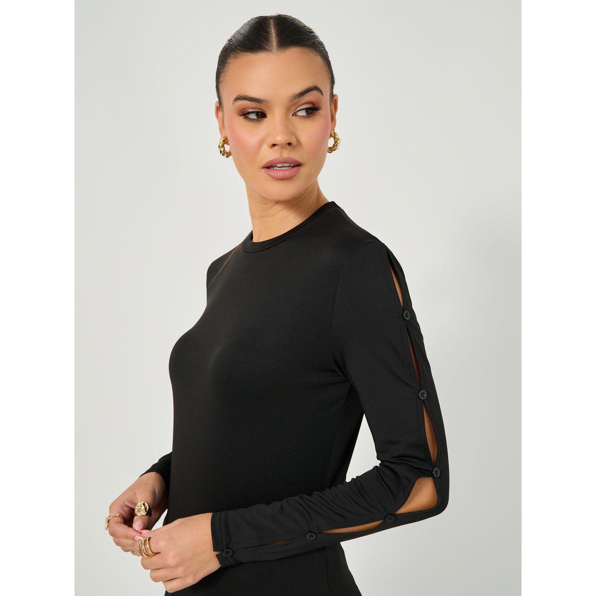 تيشيرت بياقة دائرية وفتحات مع أزرار-women-clothing-tshirts-image-4