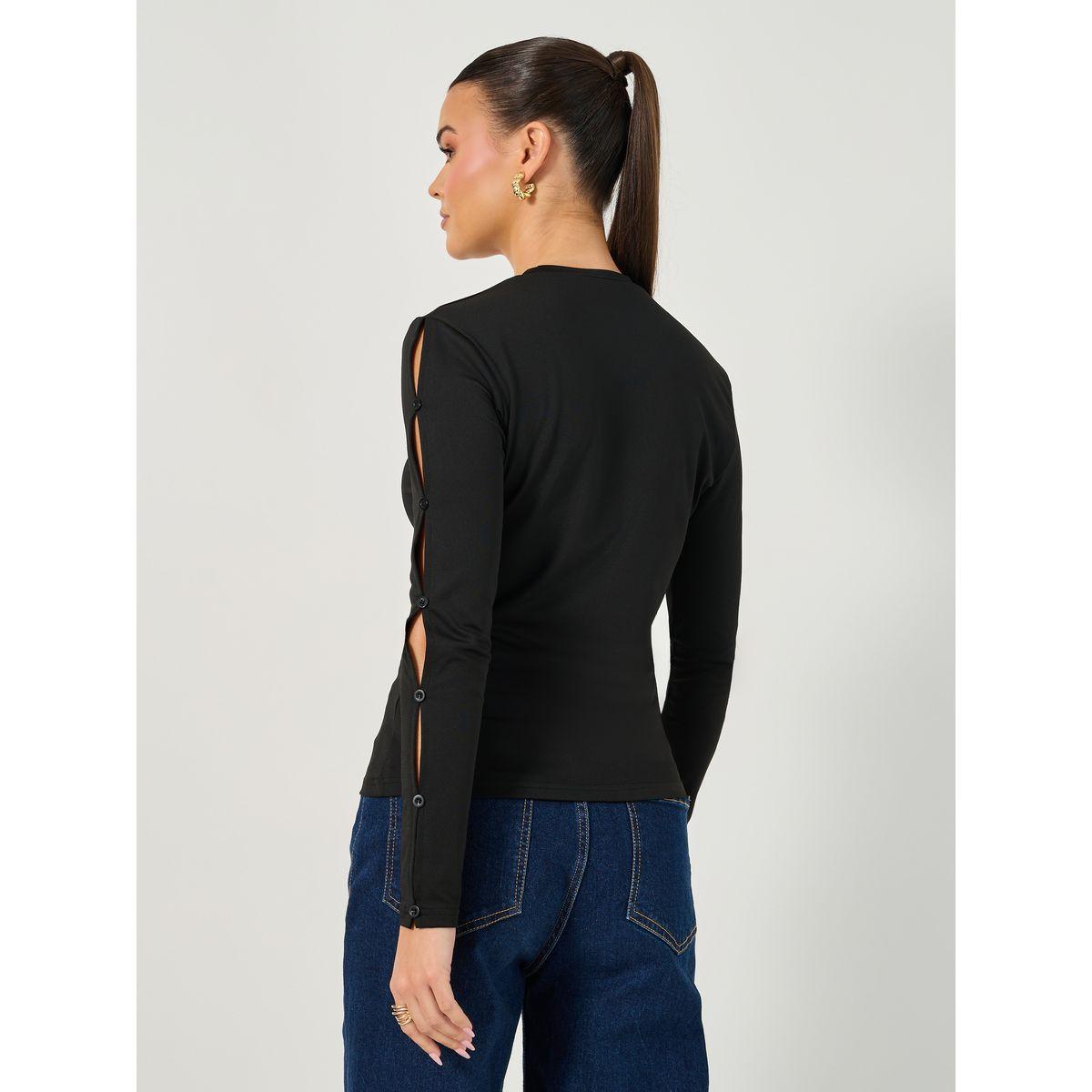 Styli Cut-Out Sleeve Button Detail Round Neck T-Shirt-women-clothing-tshirts-image-6