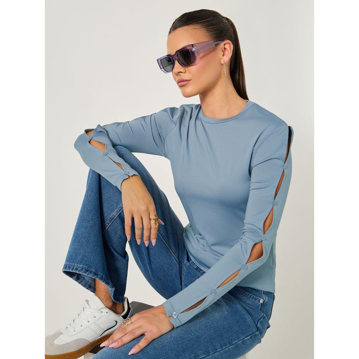 Styli Cut-Out Sleeve Button Detail Round Neck T-Shirt-women-clothing-tshirts-image-1