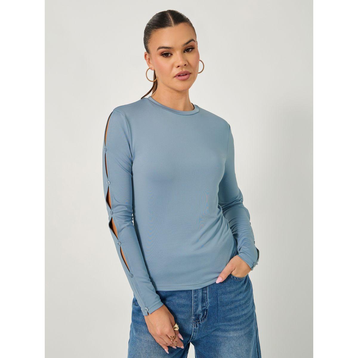 Styli Cut-Out Sleeve Button Detail Round Neck T-Shirt-women-clothing-tshirts-image-2