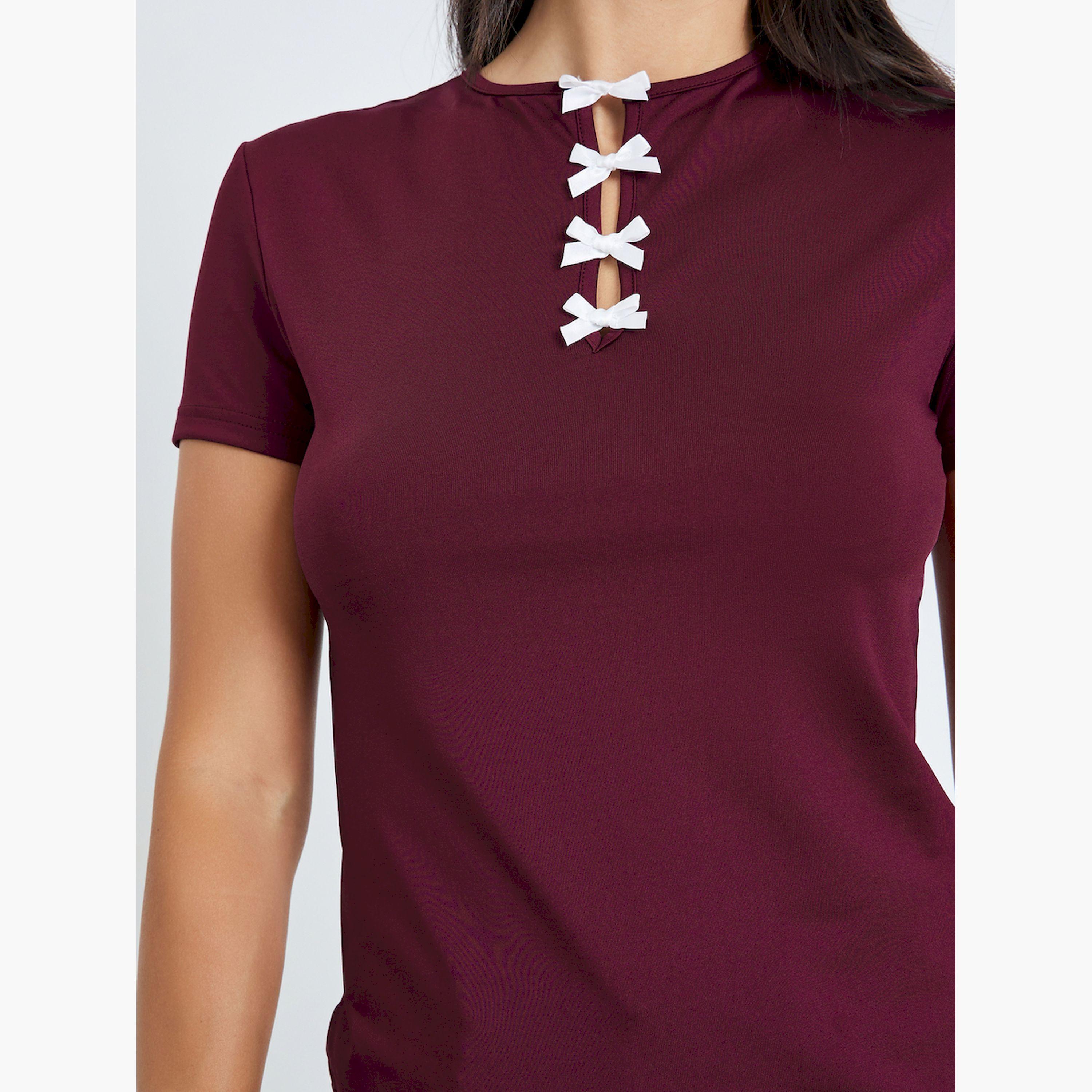 Styli Burgundy Fitted T-Shirt with Ribbon Detail-women-clothing-tshirts-image-5