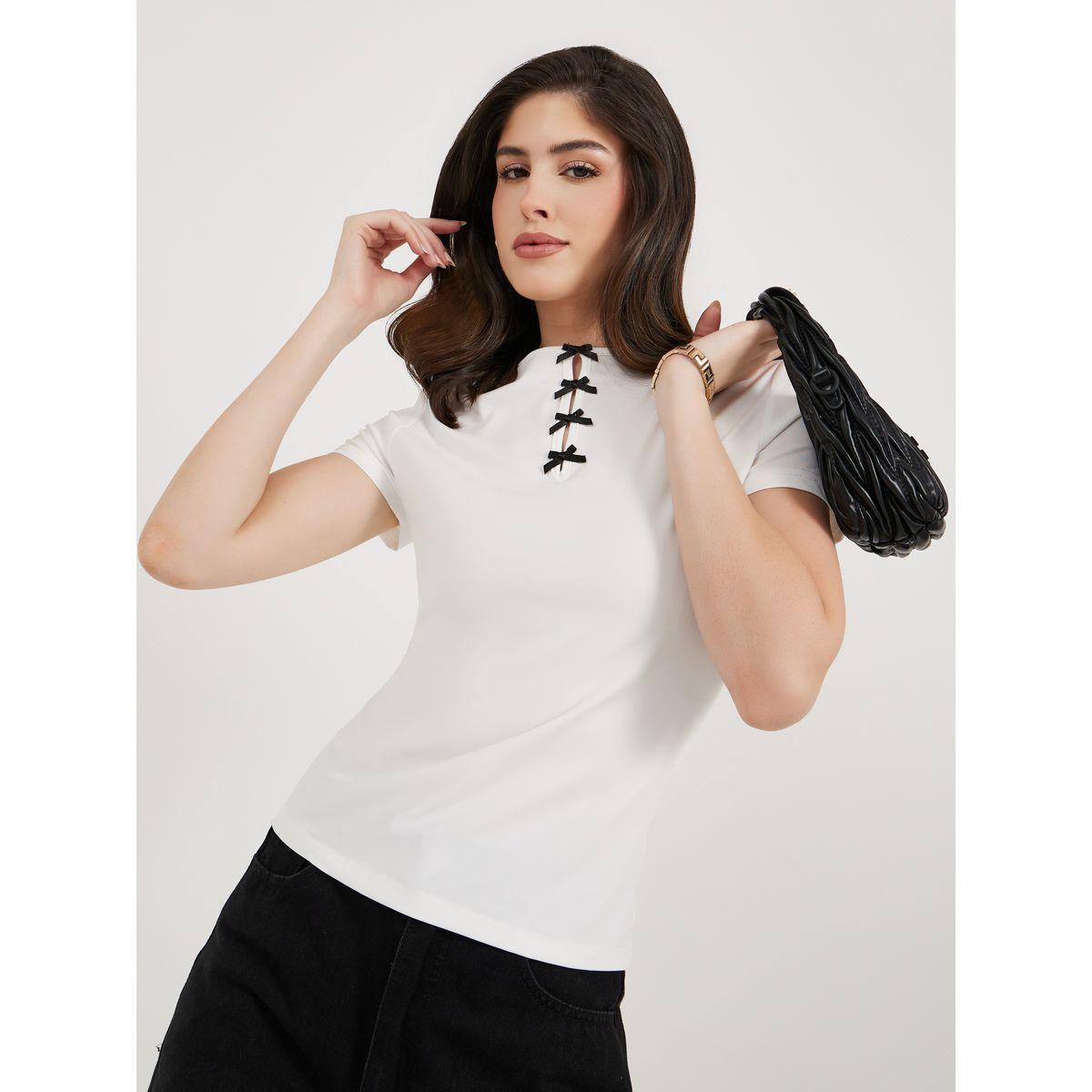 Styli Round Neck Bow Detail Fitted T-Shirt-women-clothing-tshirts-image-1