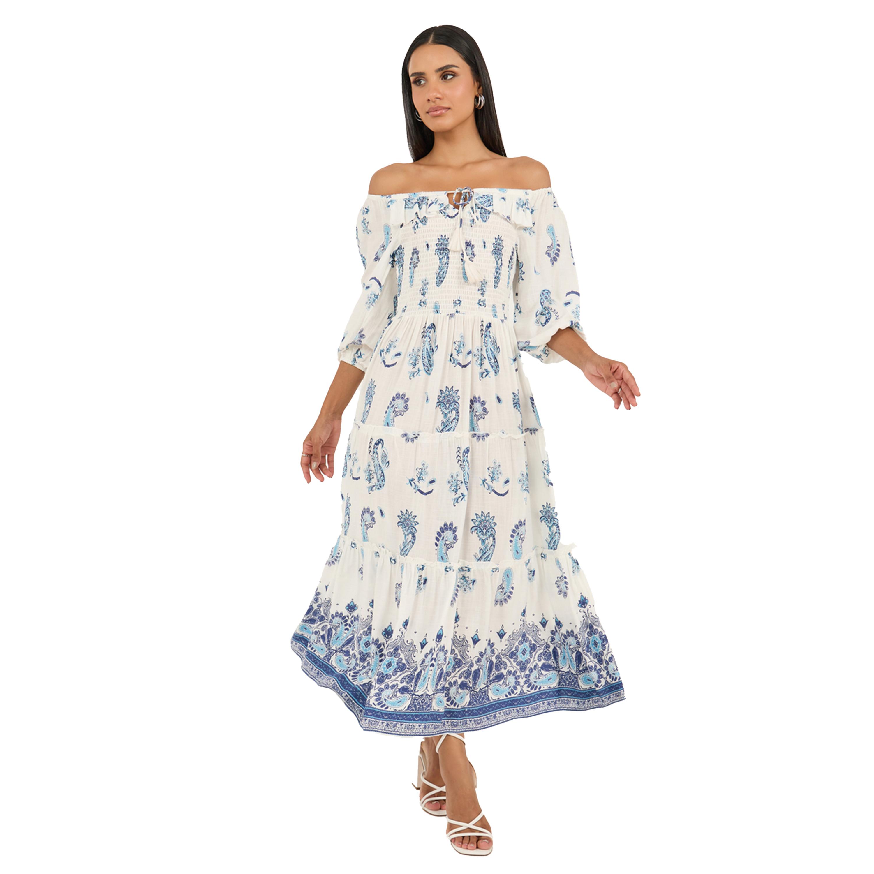 ستايلي - فستان متوسط الطول بطبقات وطبعة بوهيمية وأكتاف مكشوفة-women-clothing-dresses-image-1