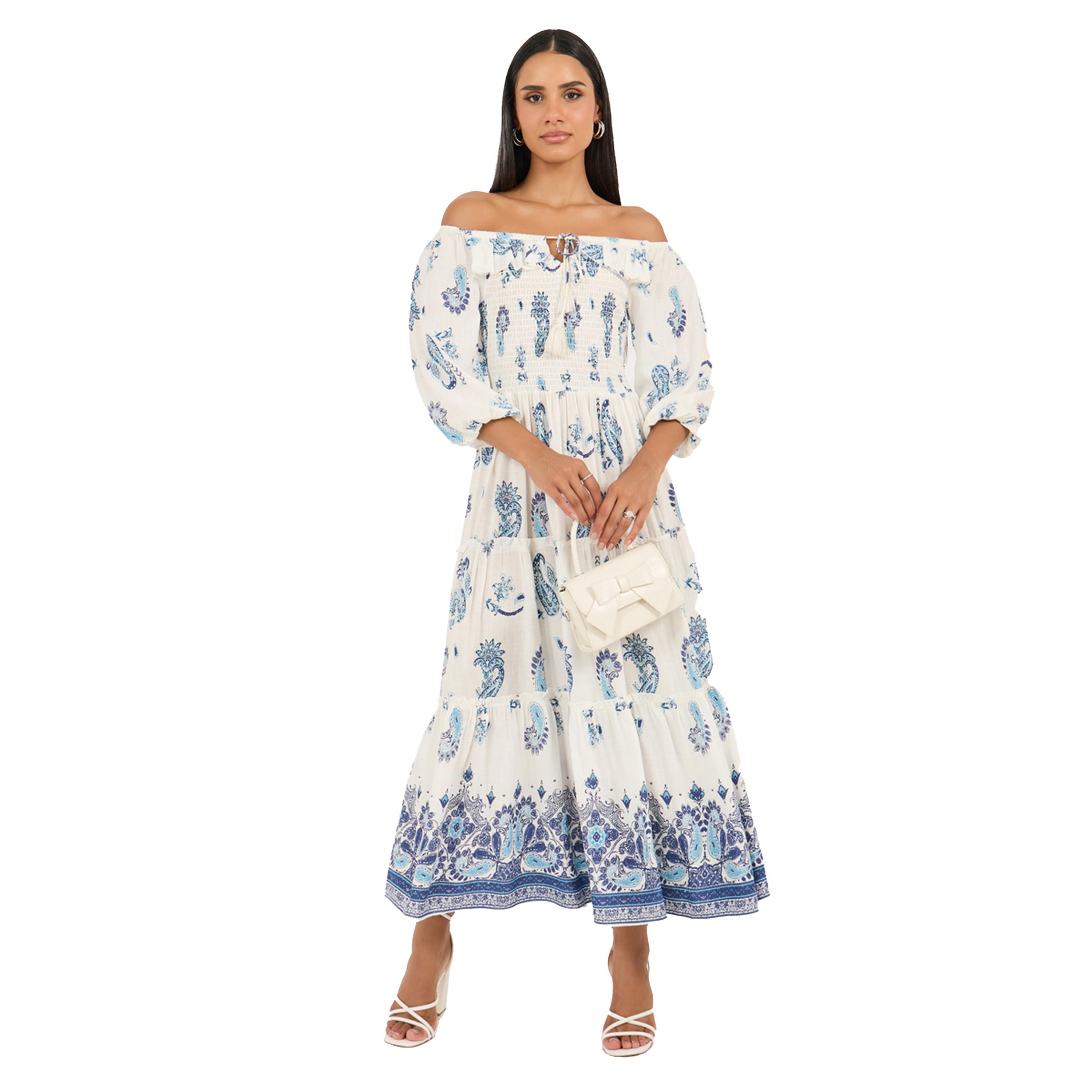 ستايلي - فستان متوسط الطول بطبقات وطبعة بوهيمية وأكتاف مكشوفة-women-clothing-dresses-image-2