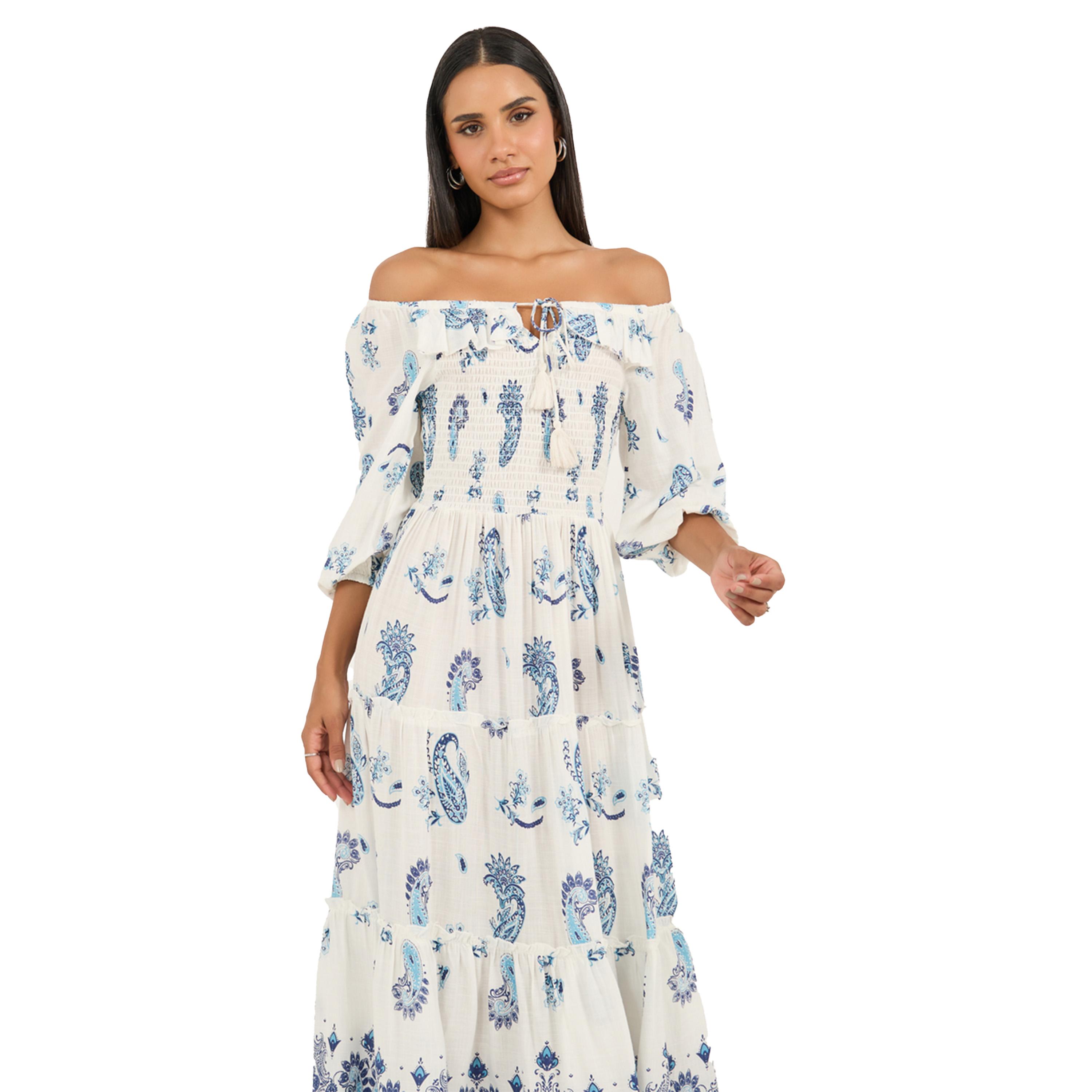 Styli Bohemian Print Off Shoulder Neck Tiered Midi Dress-women-clothing-dresses-image-3