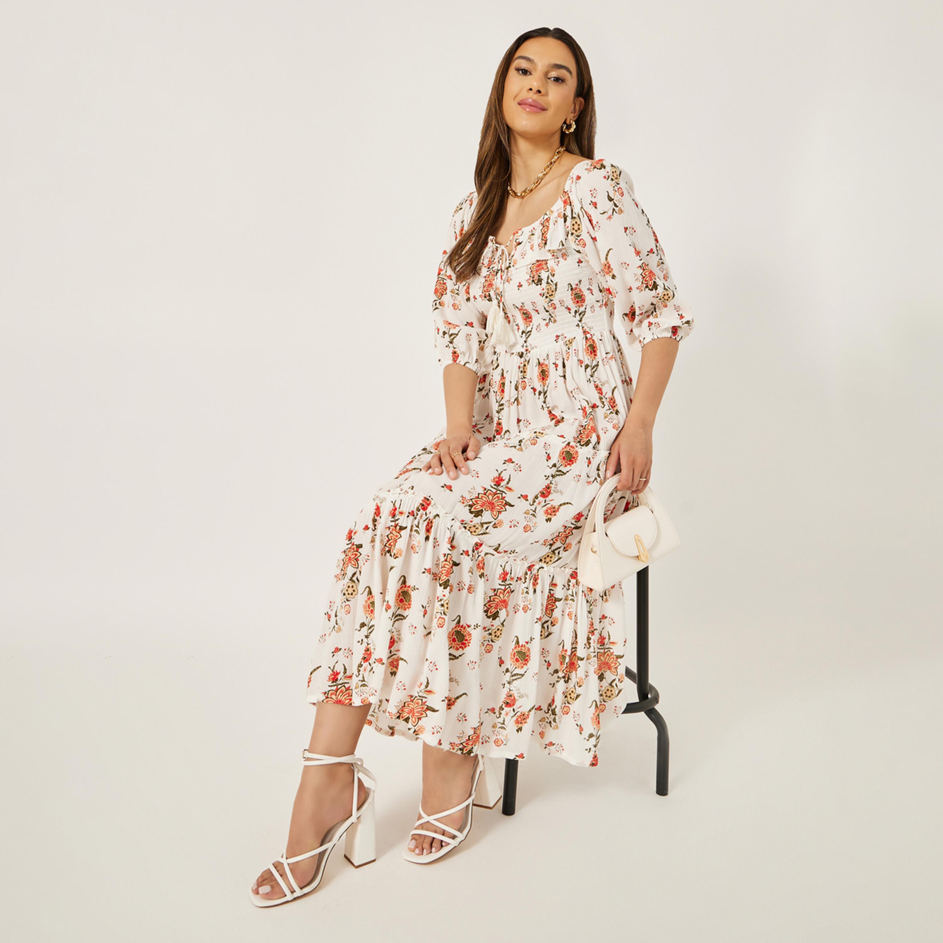Styli Bohemian Off Shoulder Long Sleeves Tiered Midi Dress-women-clothing-dresses-image-1