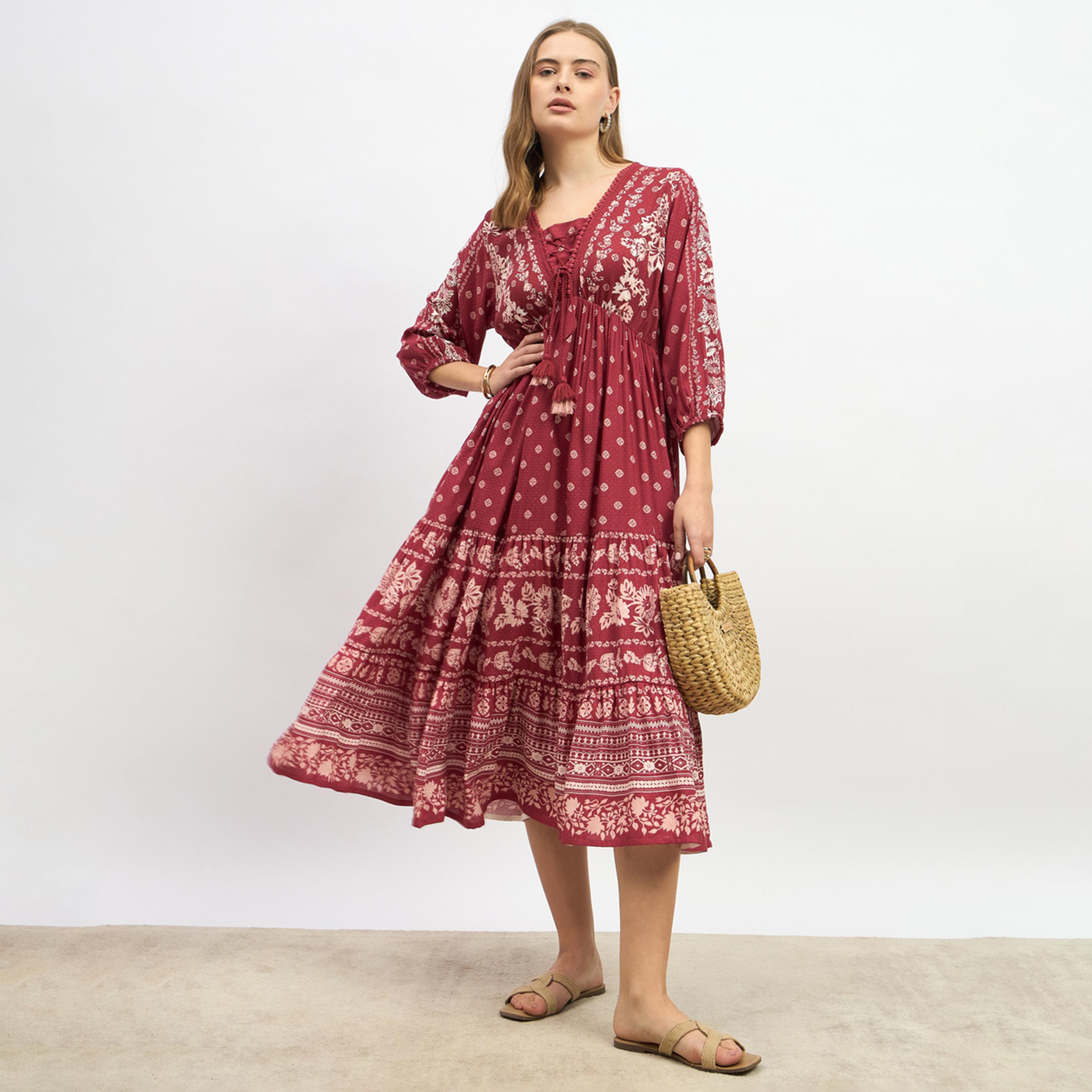 Styli Bohemian Print A-Line Midi Dress with Tie-Up Detail-women-clothing-dresses-image-1
