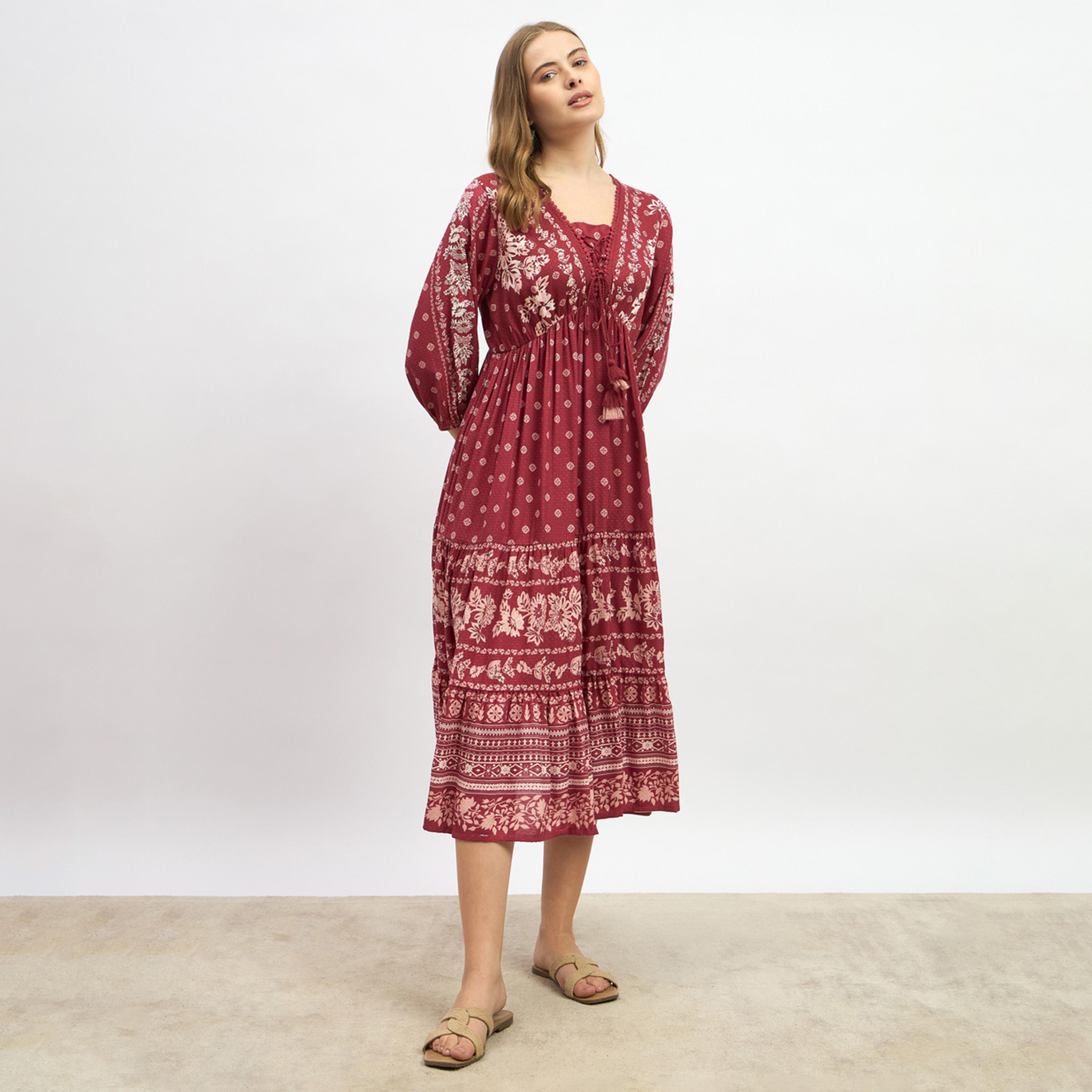 Styli Bohemian Print A-Line Midi Dress with Tie-Up Detail-women-clothing-dresses-image-2