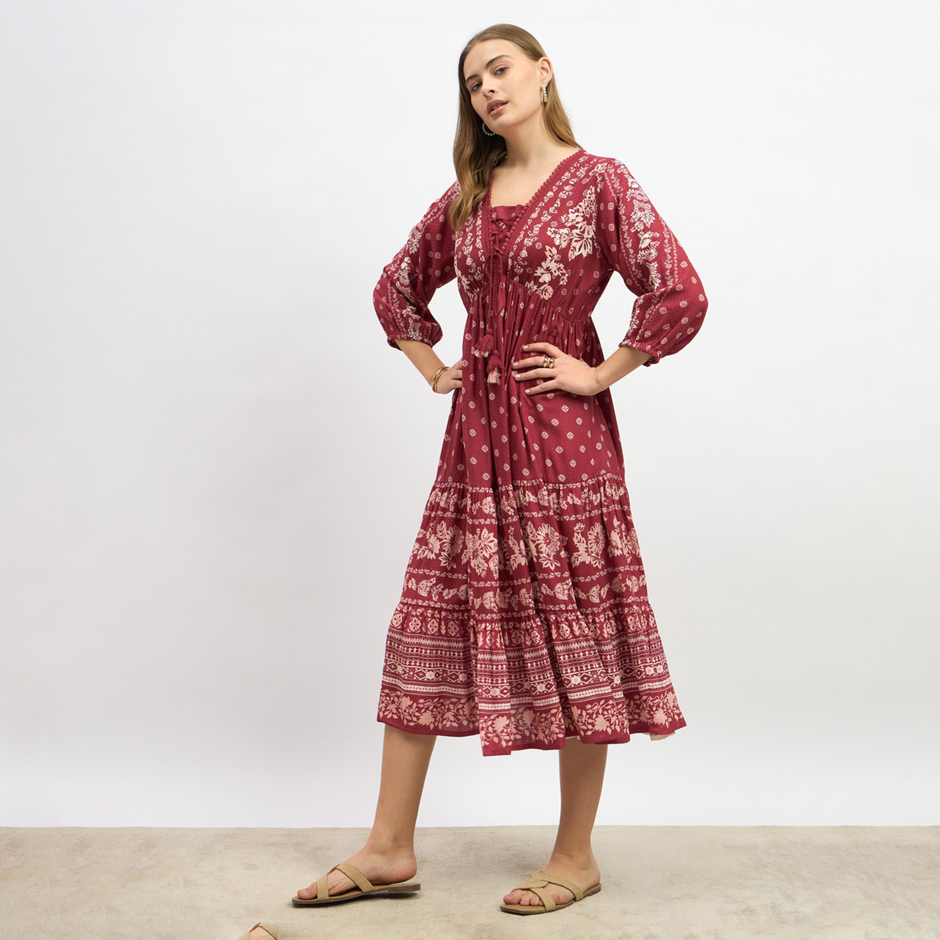 Styli Bohemian Print A-Line Midi Dress with Tie-Up Detail-women-clothing-dresses-image-3