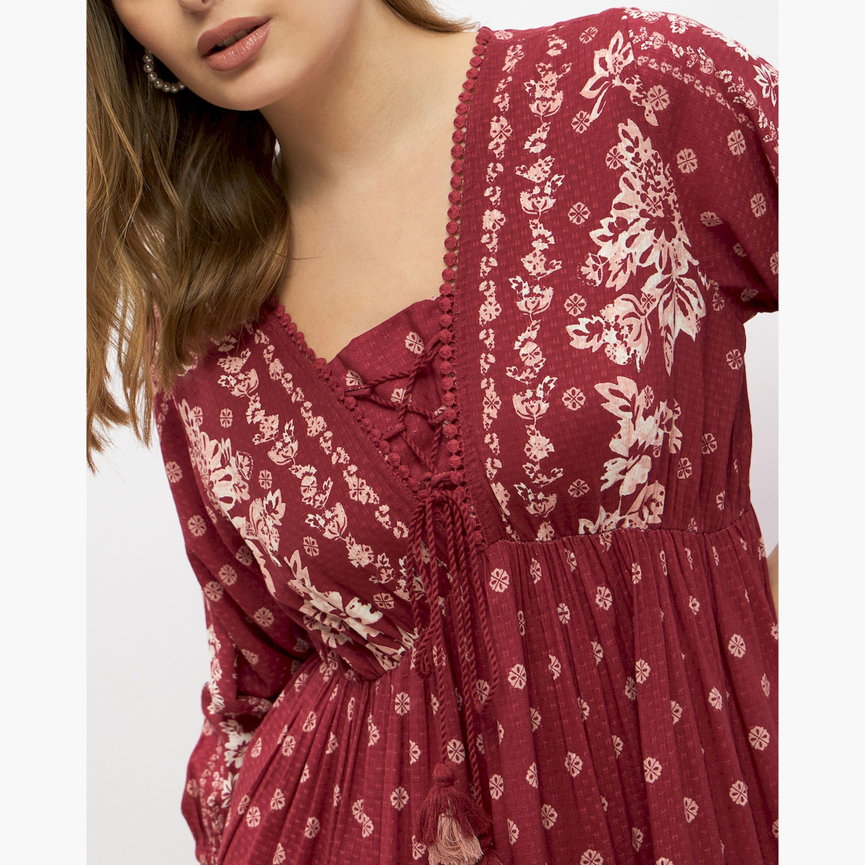 Styli Bohemian Print A-Line Midi Dress with Tie-Up Detail-women-clothing-dresses-image-4