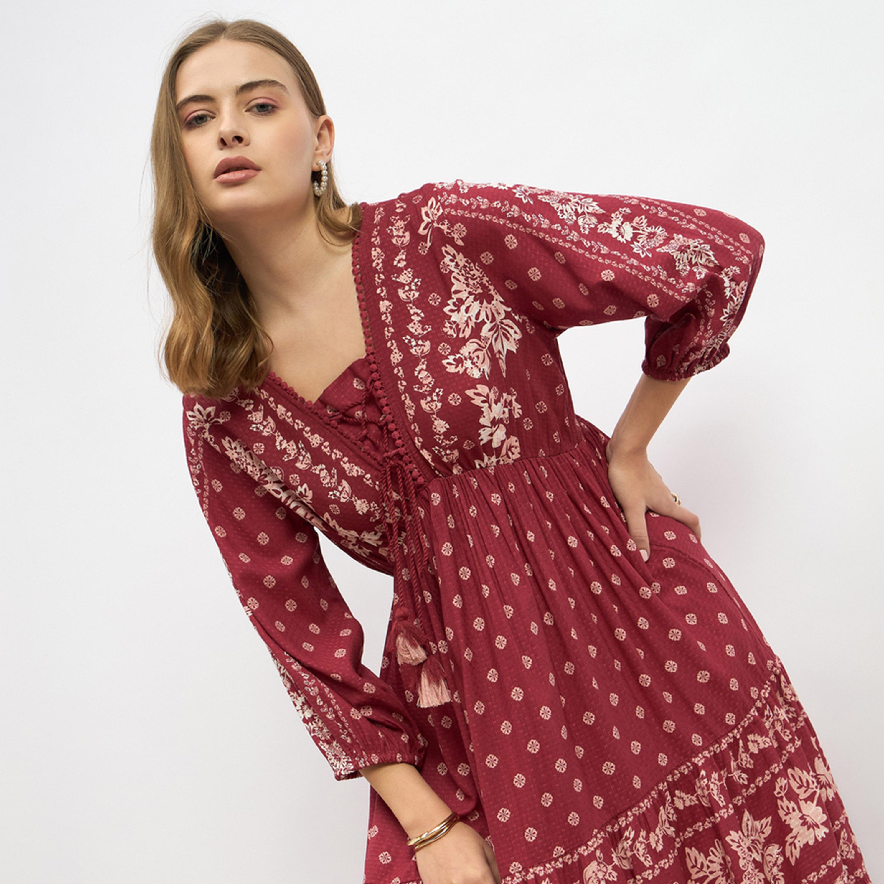 Styli Bohemian Print A-Line Midi Dress with Tie-Up Detail-women-clothing-dresses-image-6