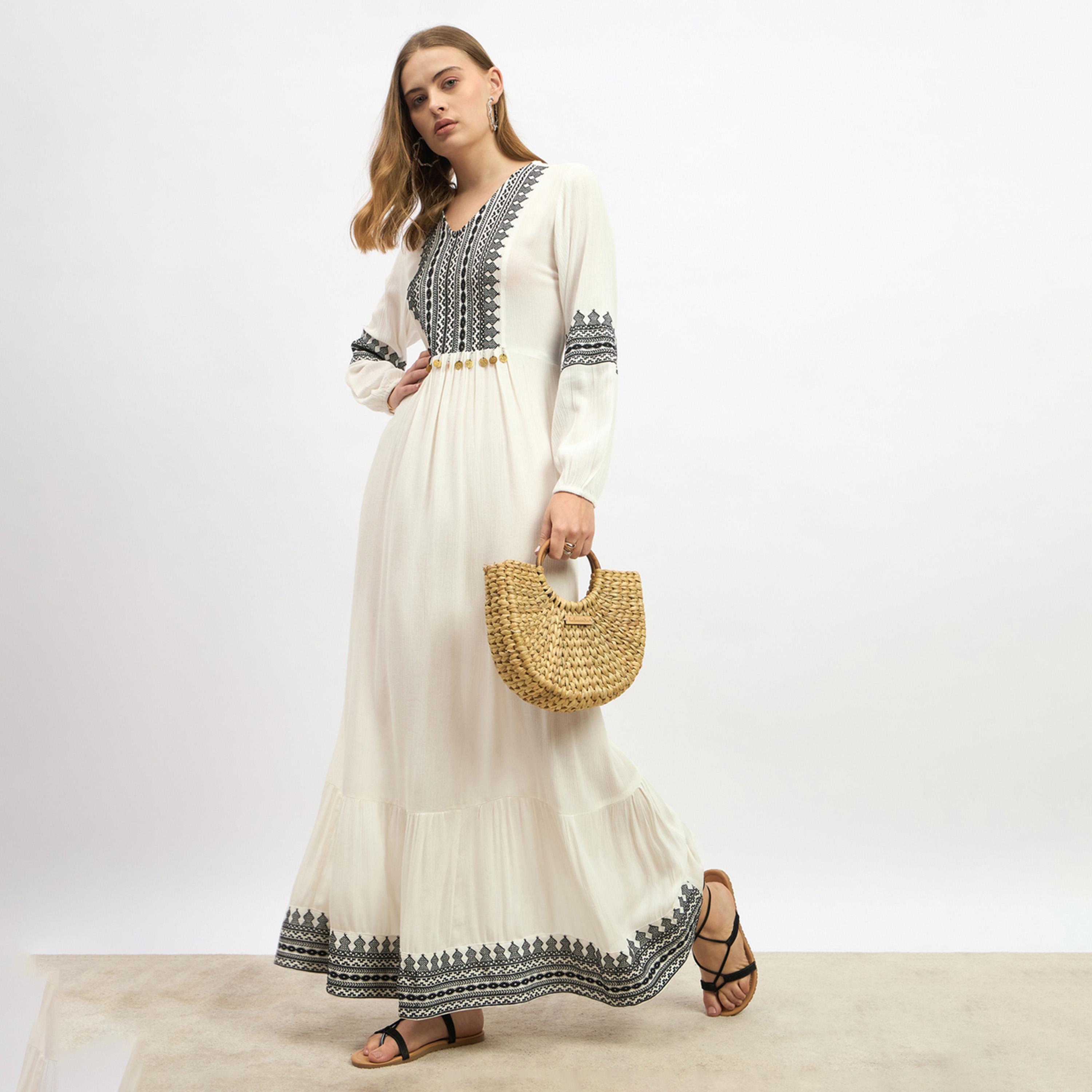 Styli Embroidered Cuffed Sleeves A-Line Maxi Dress-women-clothing-dresses-image-1