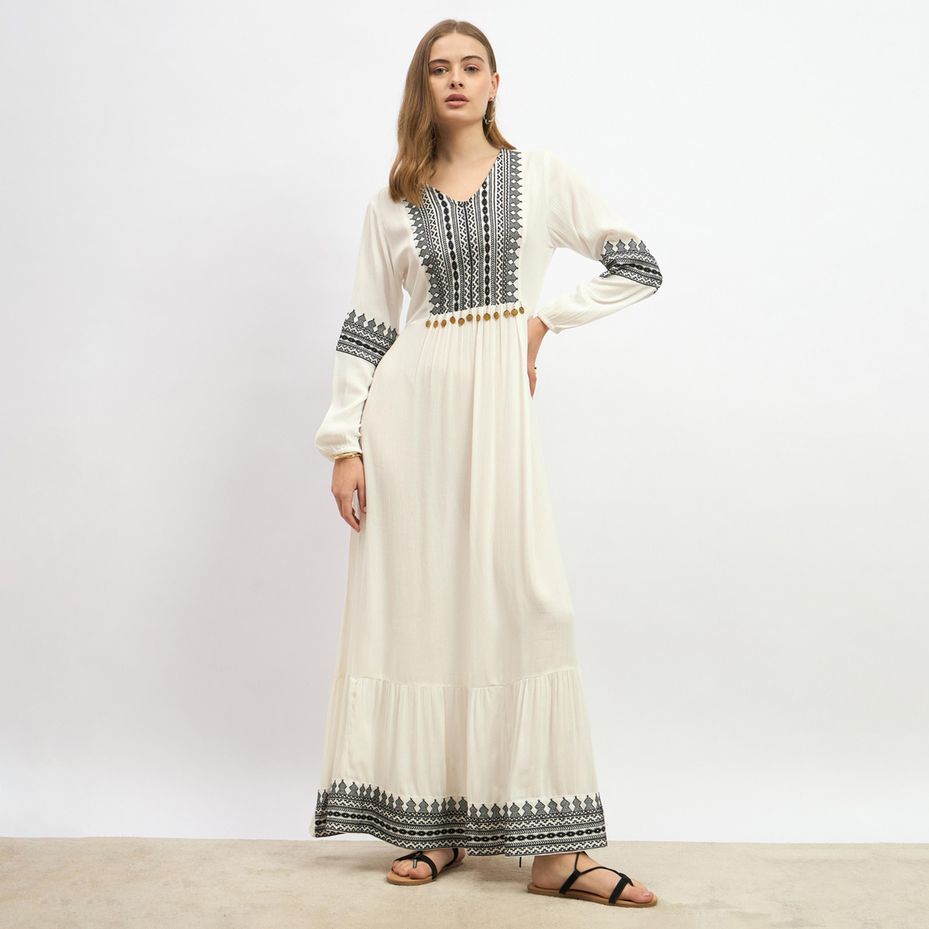 Styli Embroidered Cuffed Sleeves A-Line Maxi Dress-women-clothing-dresses-image-2