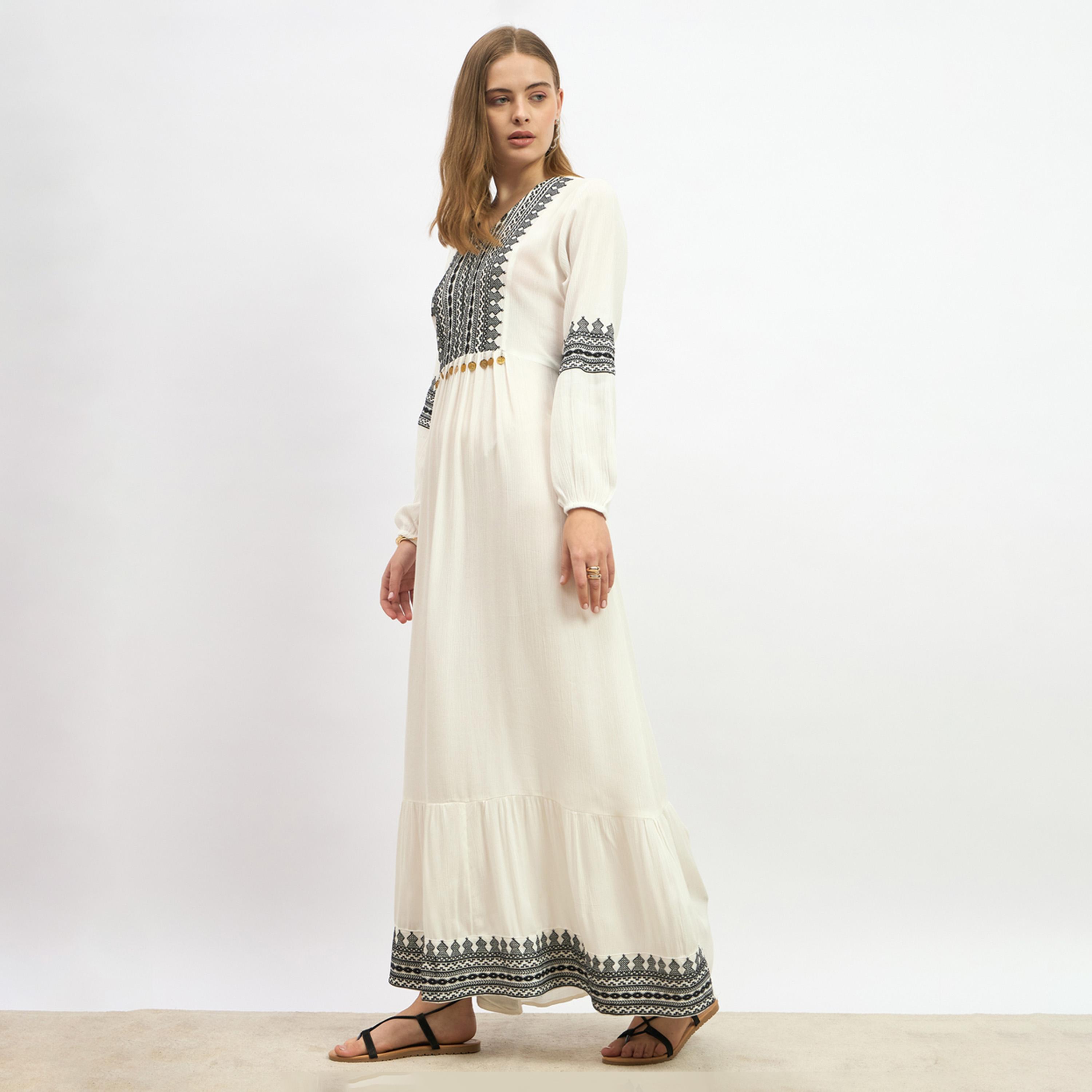 Styli Embroidered Cuffed Sleeves A-Line Maxi Dress-women-clothing-dresses-image-3
