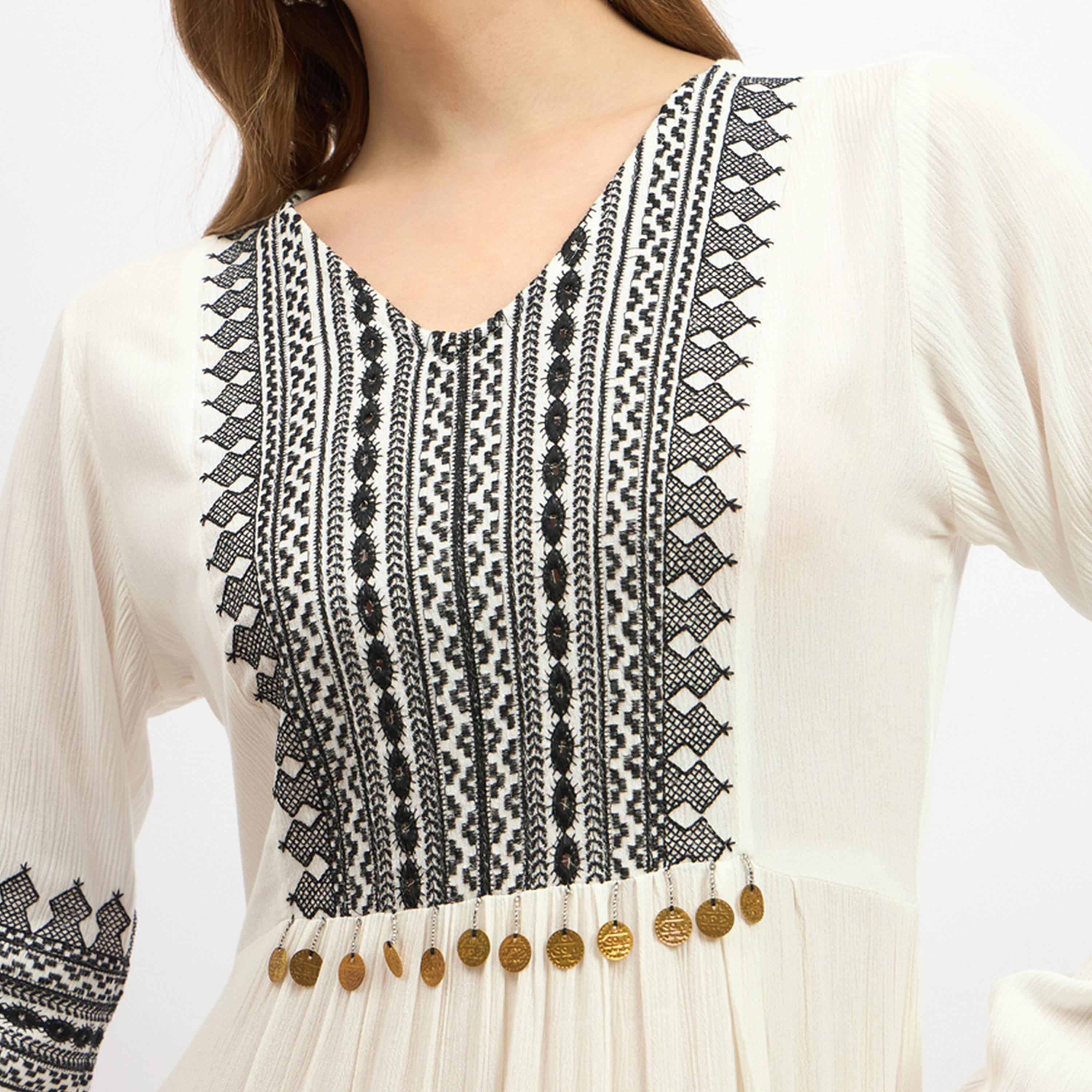 Styli Embroidered Cuffed Sleeves A-Line Maxi Dress-women-clothing-dresses-image-4