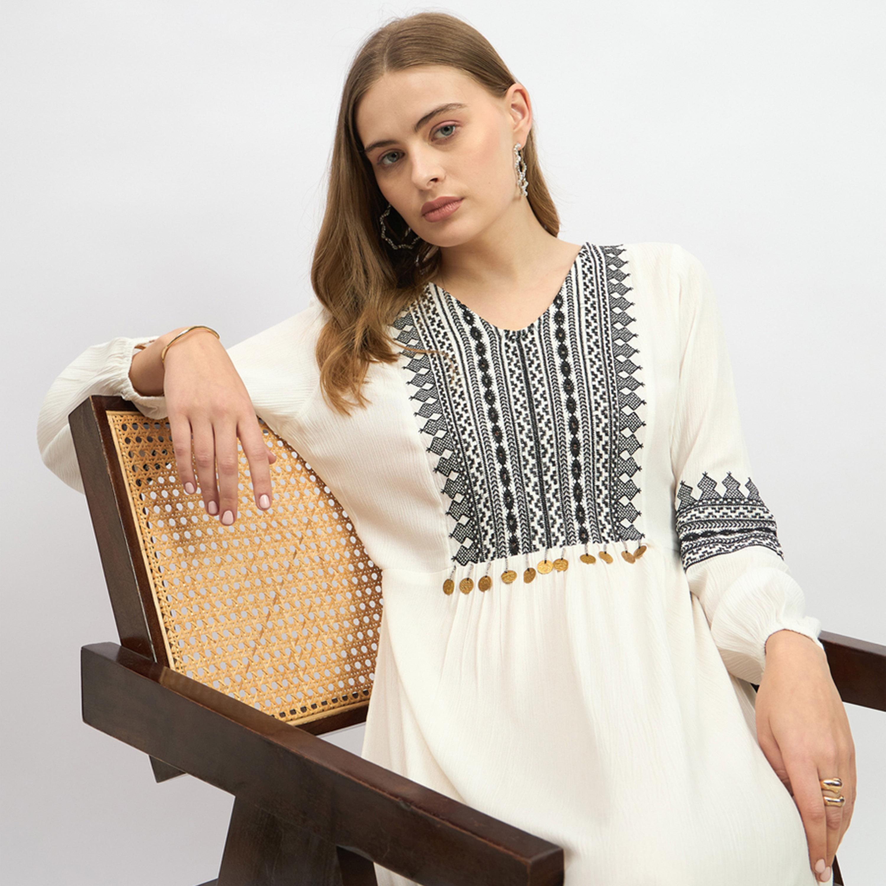 Styli Embroidered Cuffed Sleeves A-Line Maxi Dress-women-clothing-dresses-image-6
