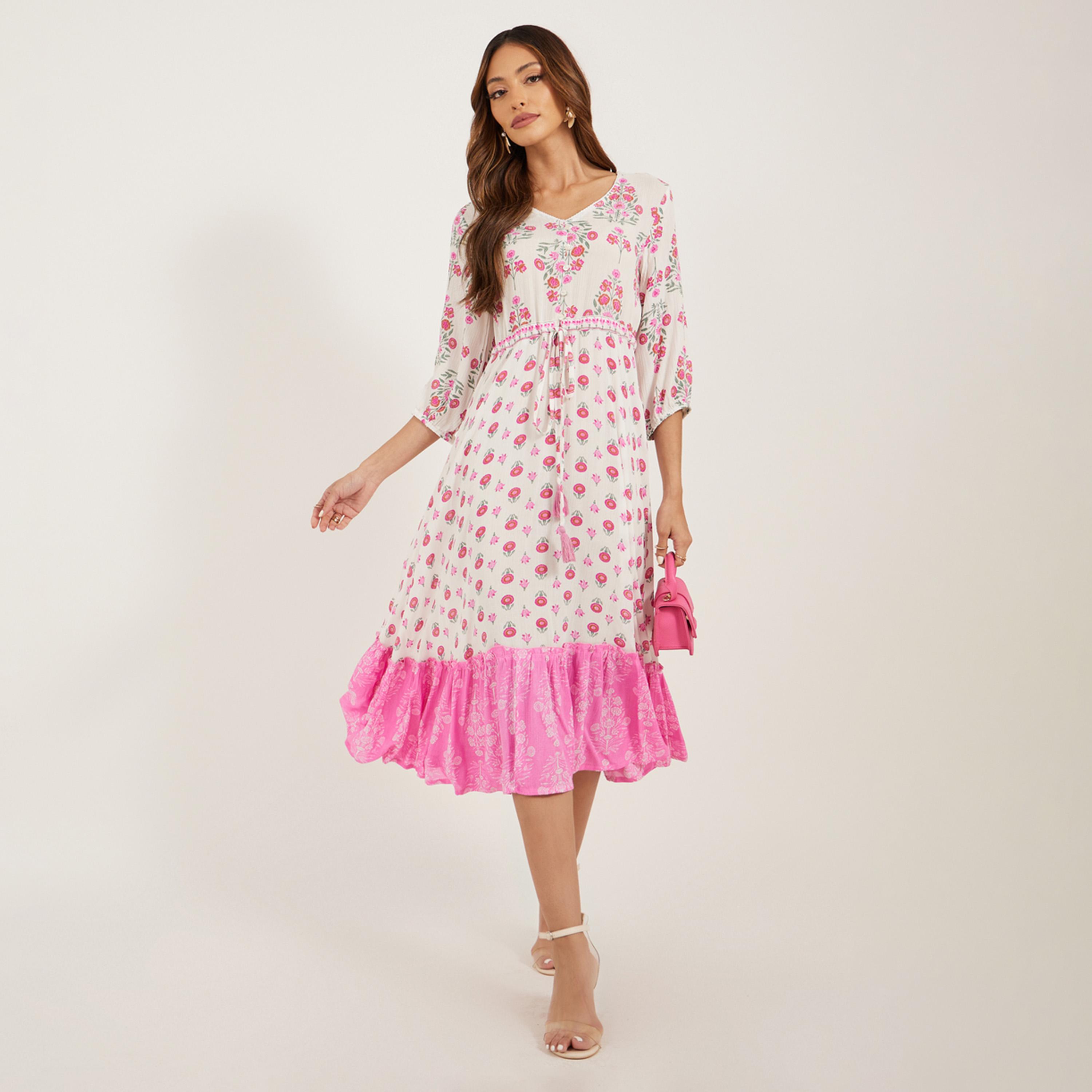 ستايلي - فستان ميدي واسع بطبعة زهور وقصة A مع تفاصيل رباط-women-clothing-dresses-image-1