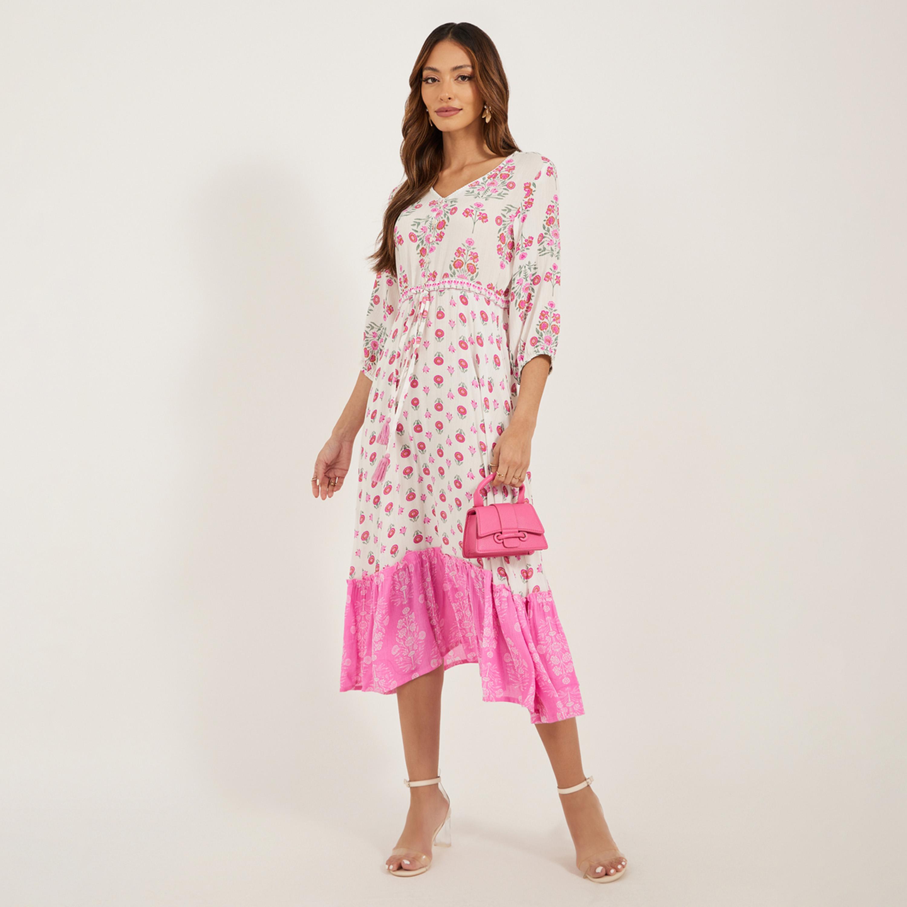 ستايلي - فستان ميدي واسع بطبعة زهور وقصة A مع تفاصيل رباط-women-clothing-dresses-image-2