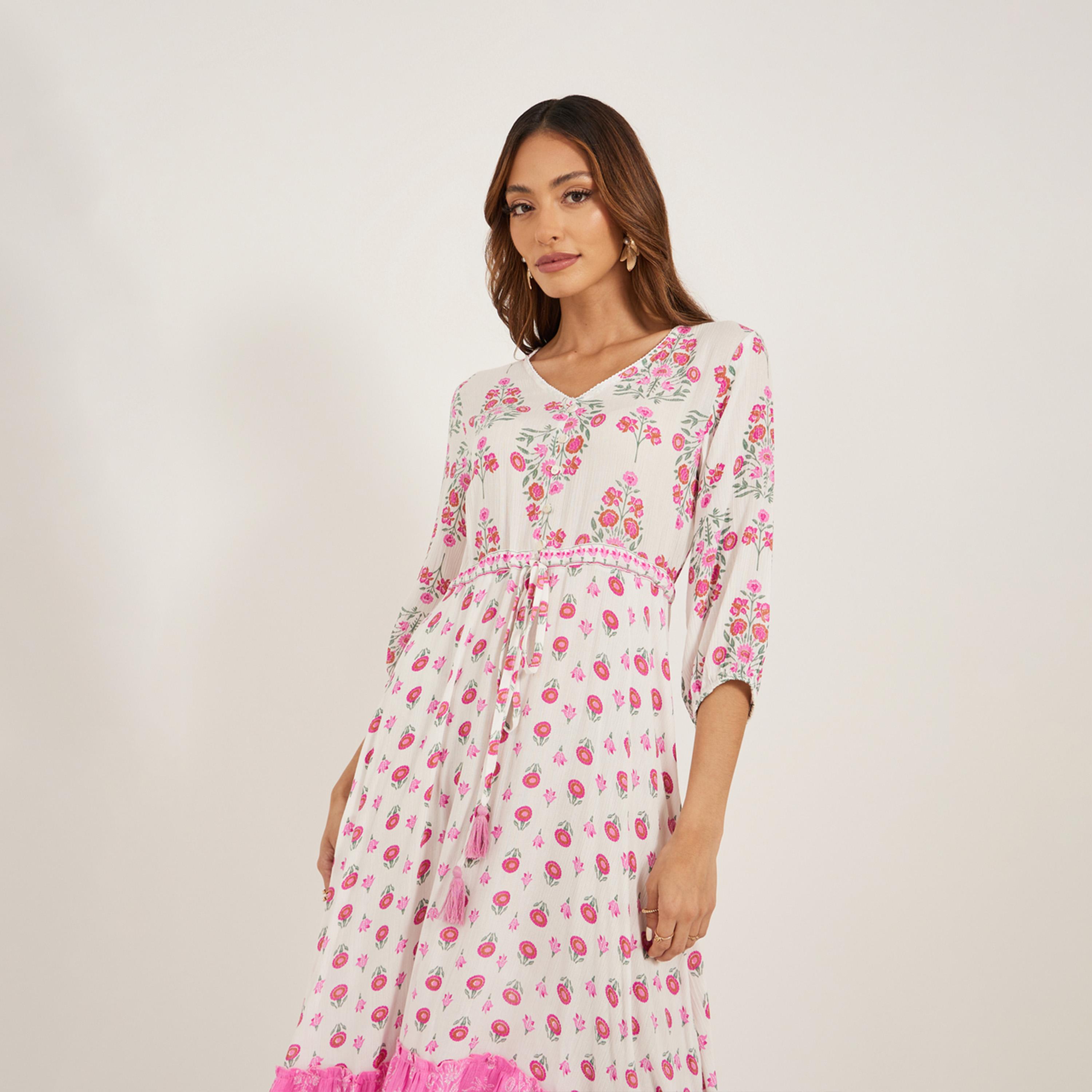 ستايلي - فستان ميدي واسع بطبعة زهور وقصة A مع تفاصيل رباط-women-clothing-dresses-image-3