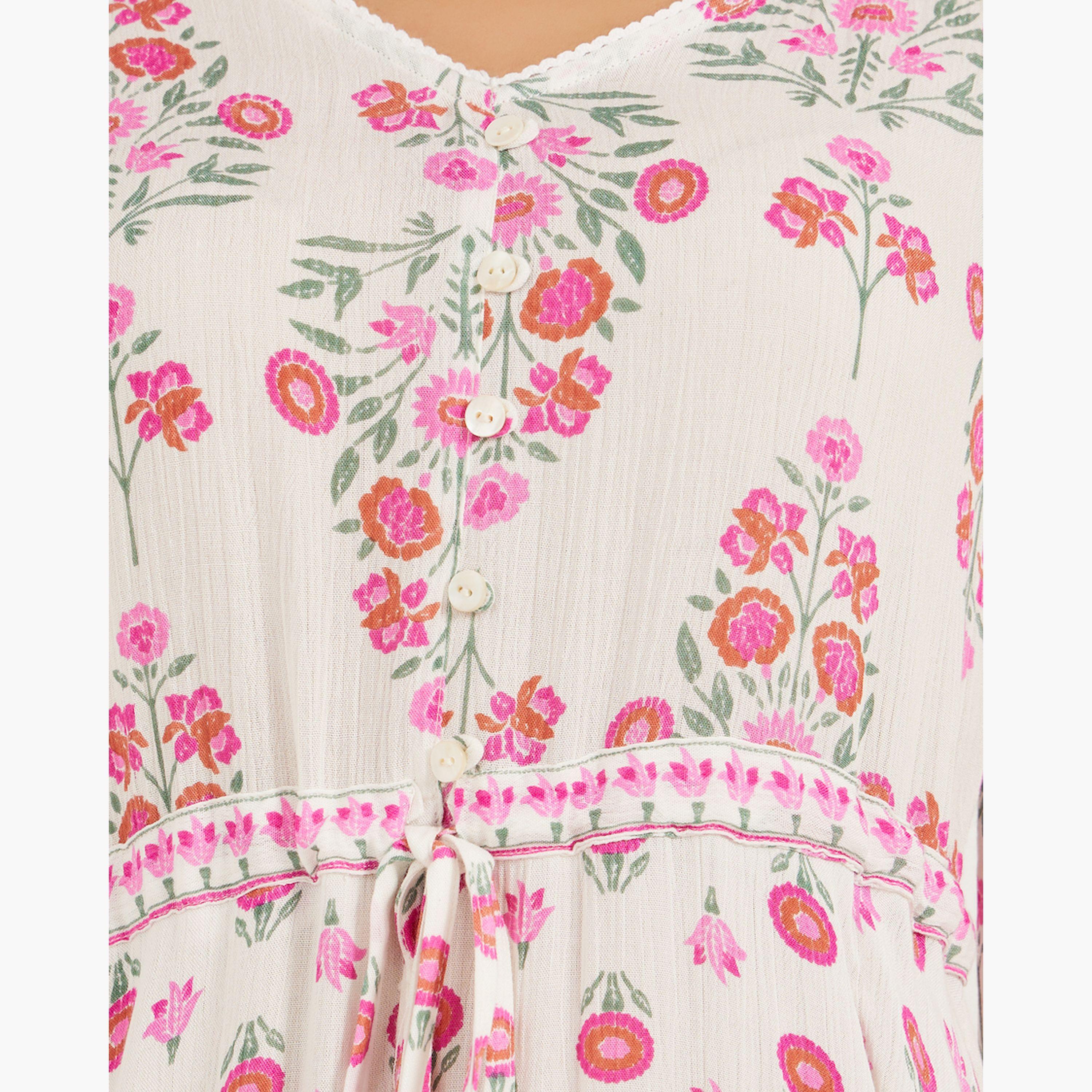 ستايلي - فستان ميدي واسع بطبعة زهور وقصة A مع تفاصيل رباط-women-clothing-dresses-image-4