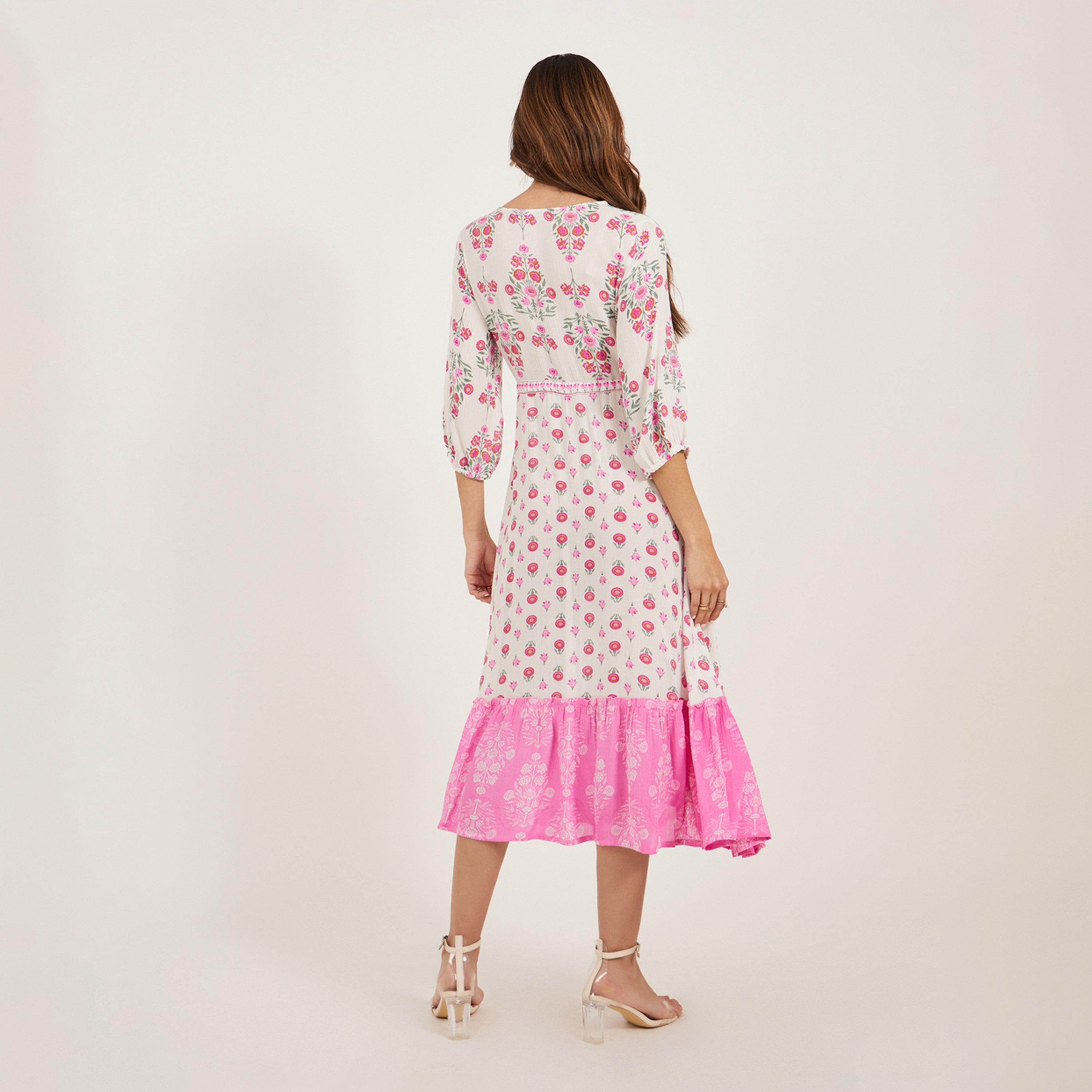 ستايلي - فستان ميدي واسع بطبعة زهور وقصة A مع تفاصيل رباط-women-clothing-dresses-image-5