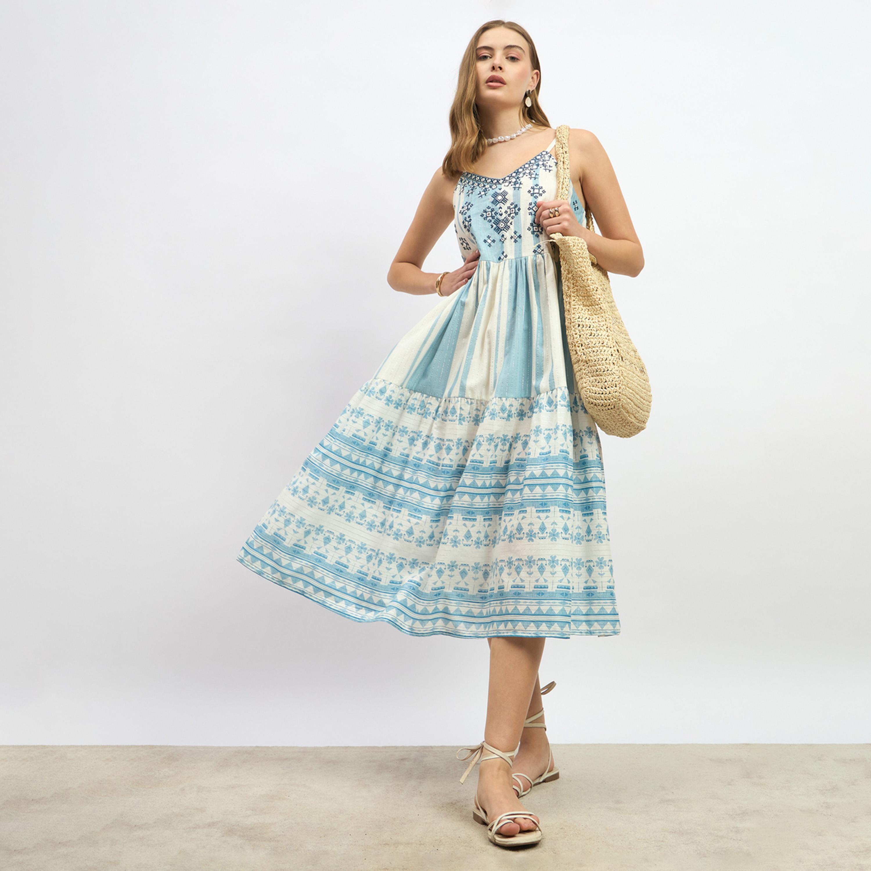 ستايلي - فستان متوسط الطول مخطط بأشرطة وقصة A-women-clothing-dresses-image-1