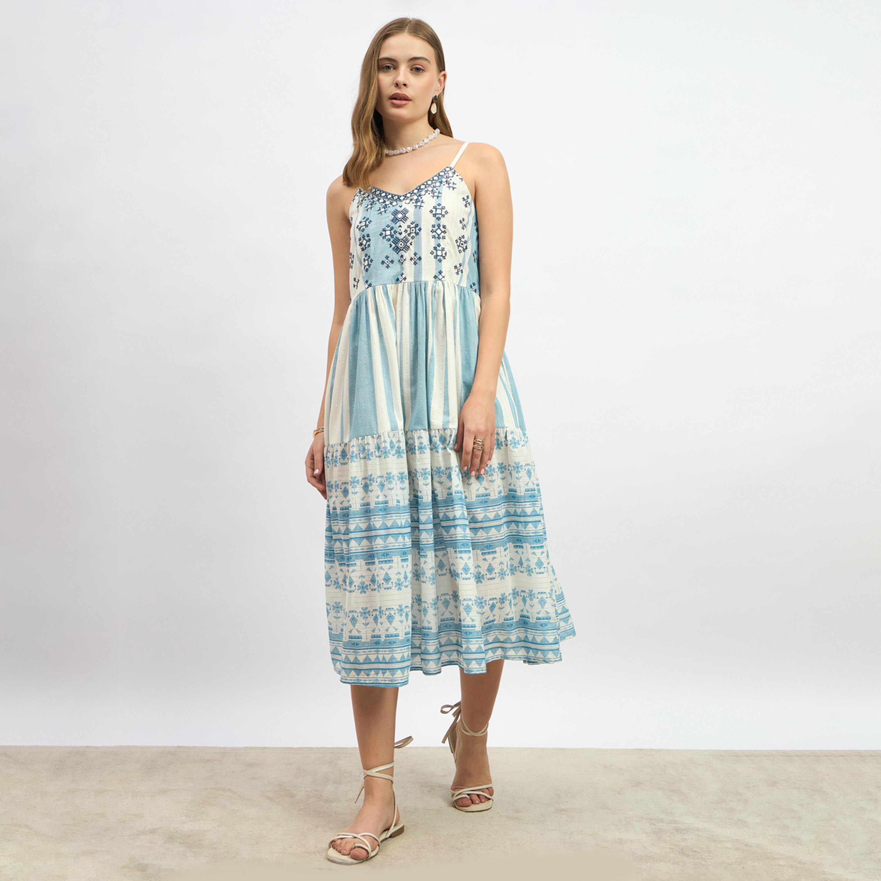 ستايلي - فستان متوسط الطول مخطط بأشرطة وقصة A-women-clothing-dresses-image-2