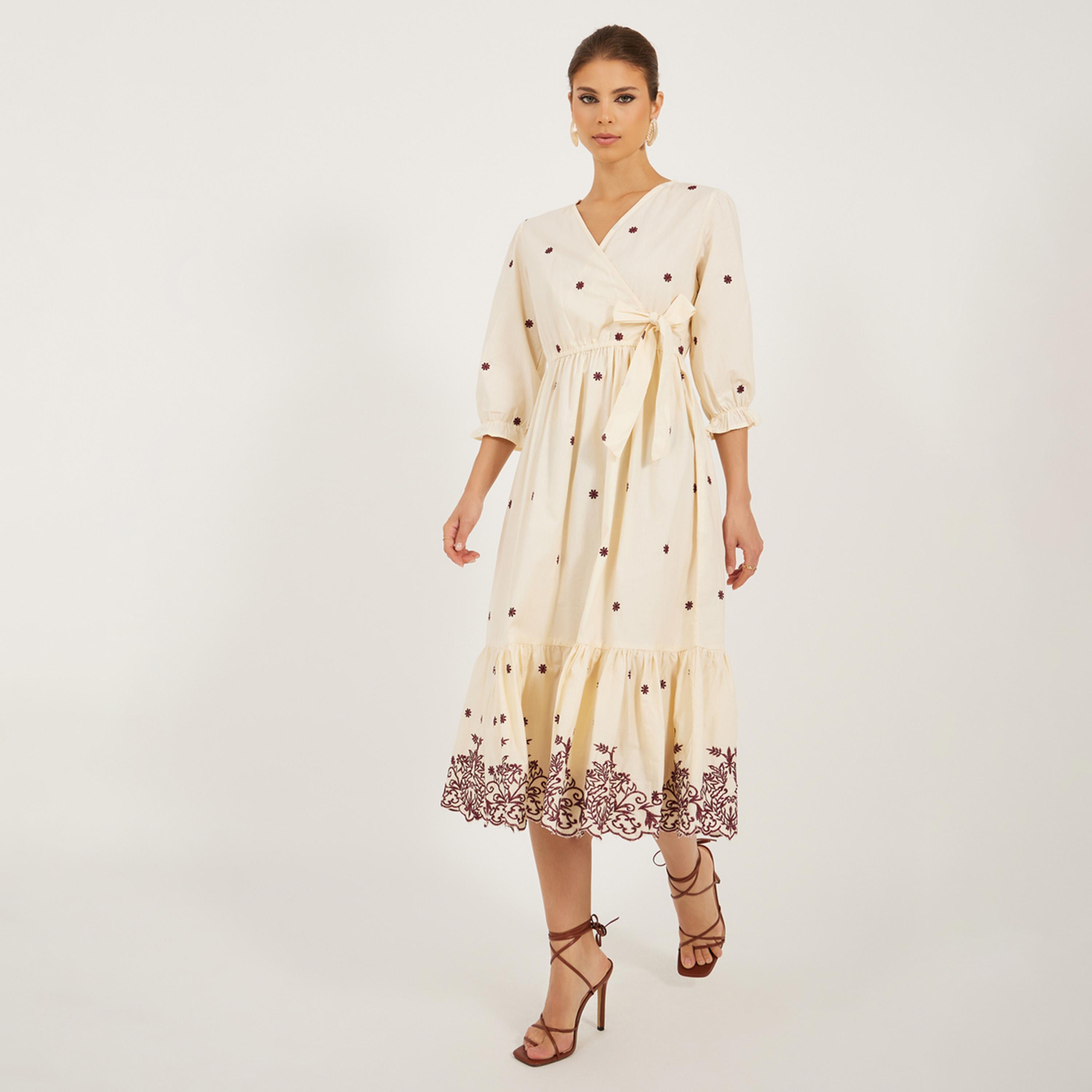 Styli Embroidered 3/4Th Sleeves A-Line Midi Dress-women-clothing-dresses-image-1