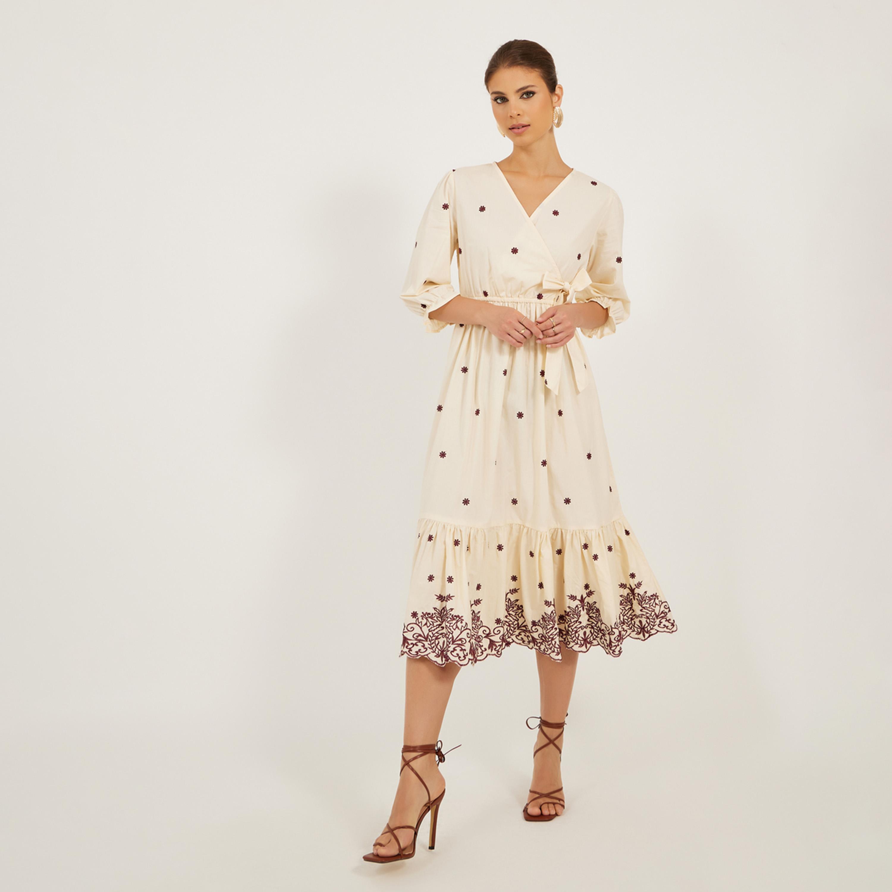 Styli Embroidered 3/4Th Sleeves A-Line Midi Dress-women-clothing-dresses-image-2