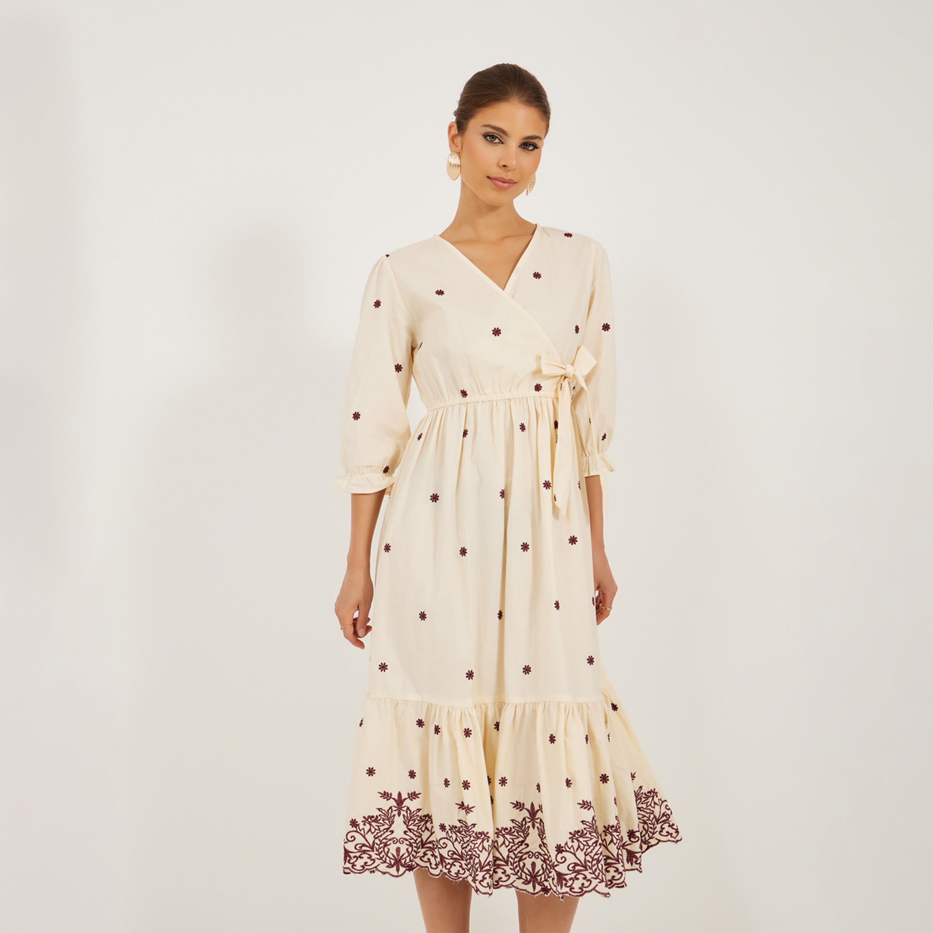 ستايلي - فستان ميدي مطرز بأكمام 3/4-women-clothing-dresses-image-3