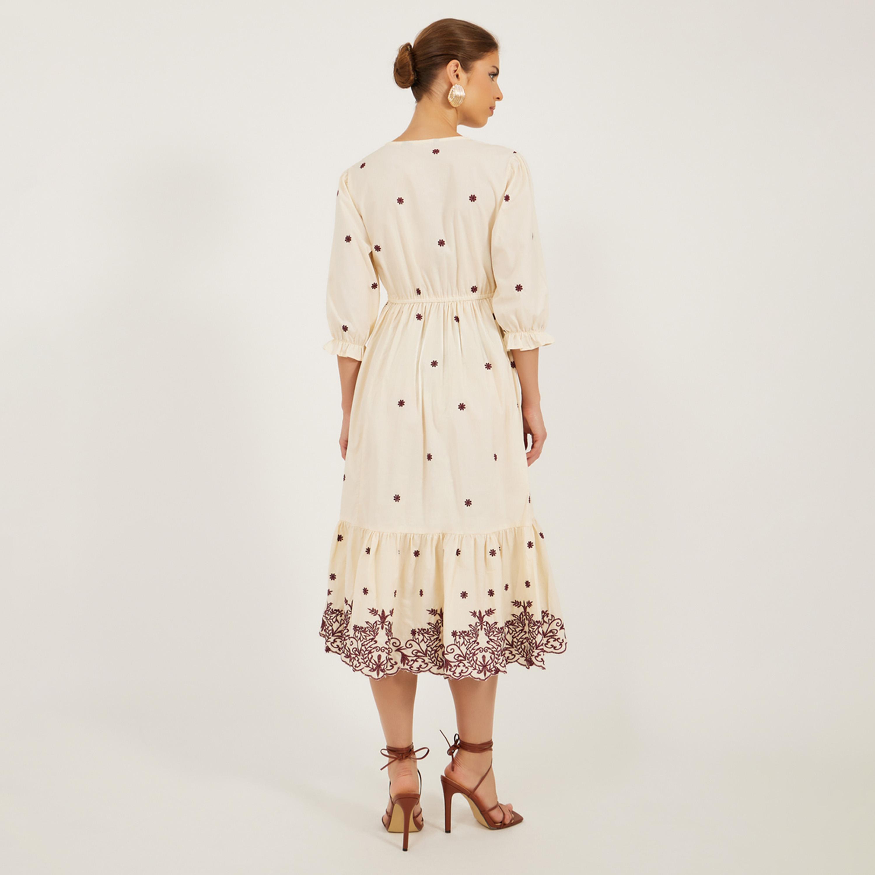 ستايلي - فستان ميدي مطرز بأكمام 3/4-women-clothing-dresses-image-5