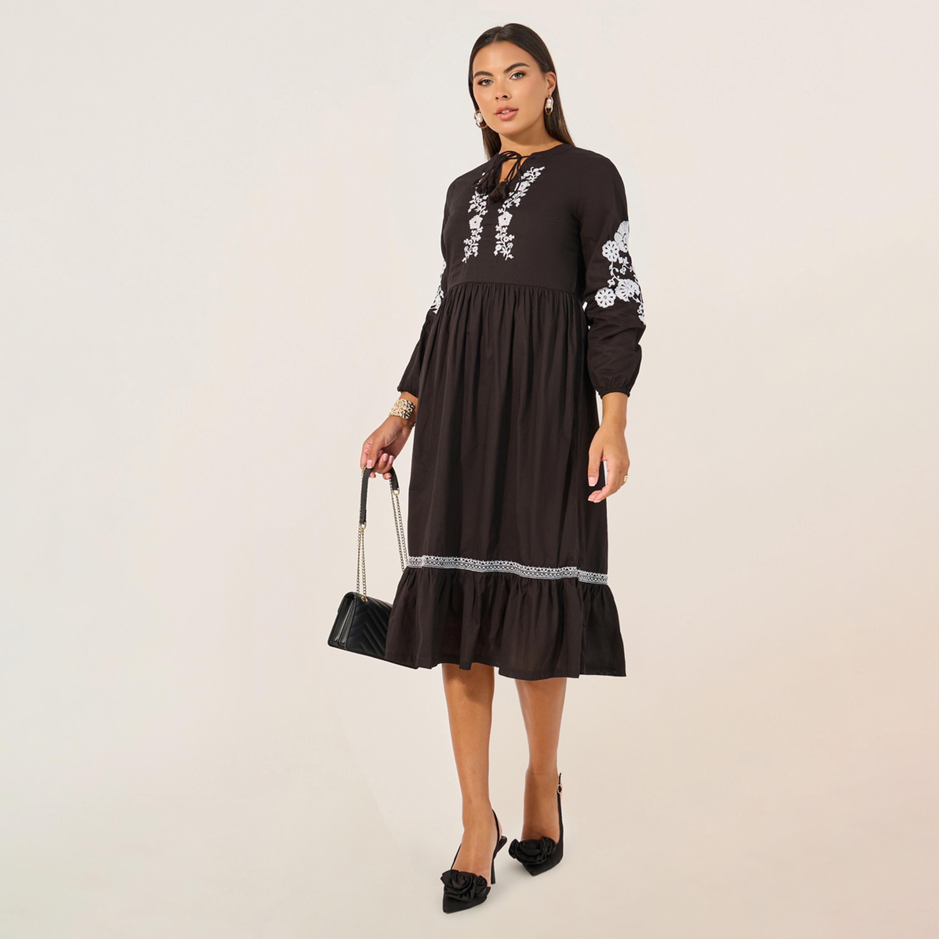 Styli Embroidered Long Sleeves A-Line Midi Dress-women-clothing-dresses-image-1
