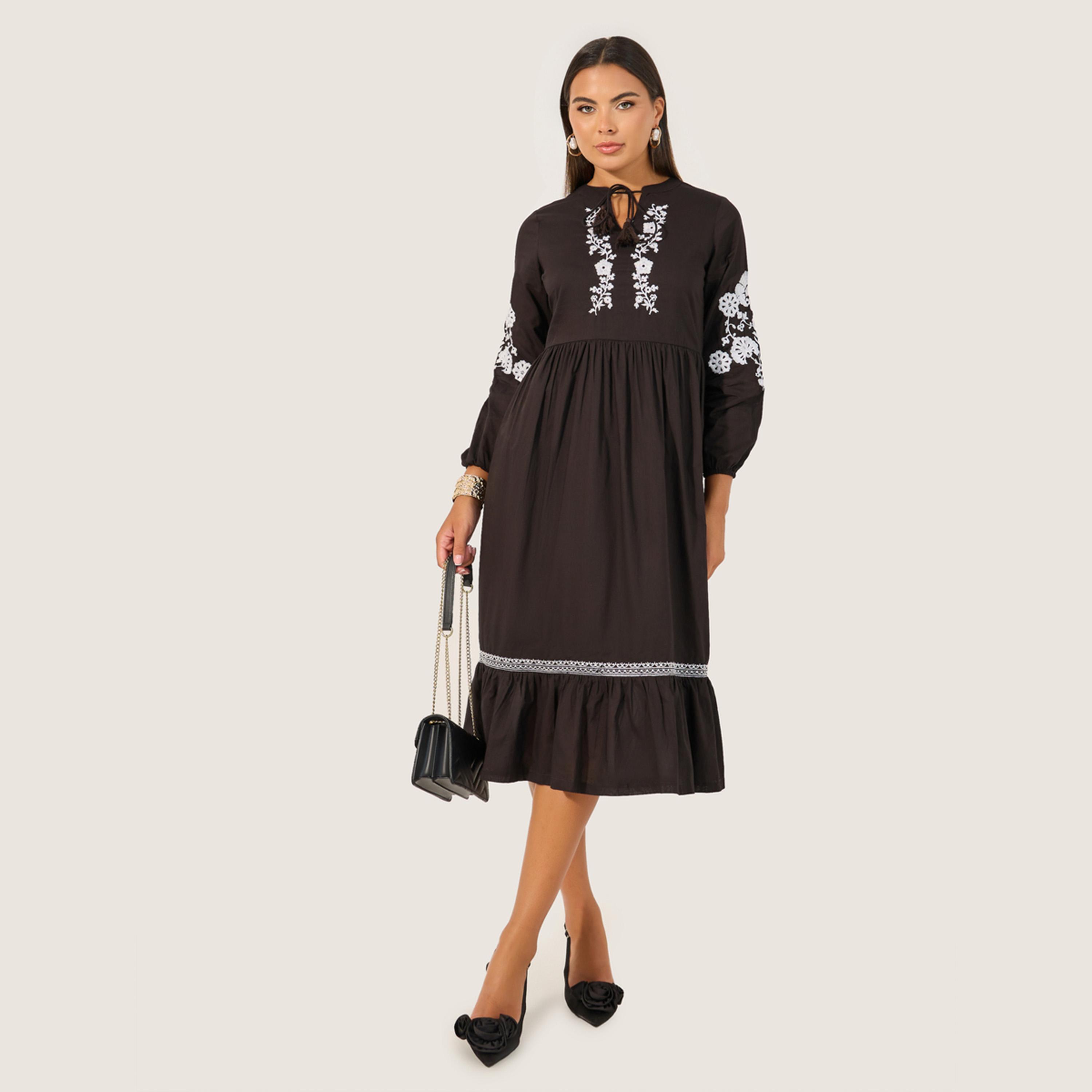 ستايلي - فستان ميدي مطرز بأكمام طويلة-women-clothing-dresses-image-2