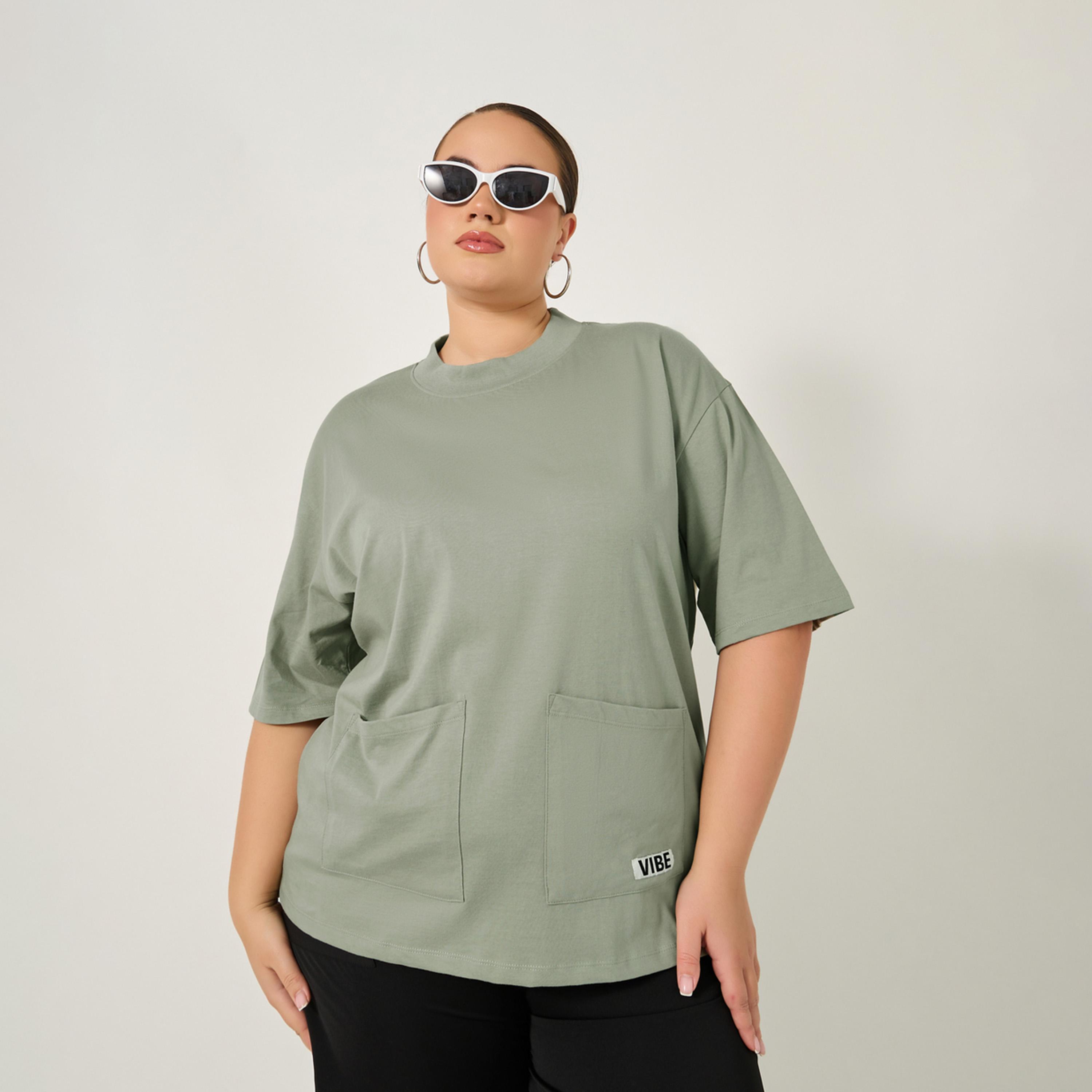 Styli Plus Size Round Neck Oversized T-Shirt with Utility Pockets-women-clothing-nightwear-pyjamas-tops-image-1