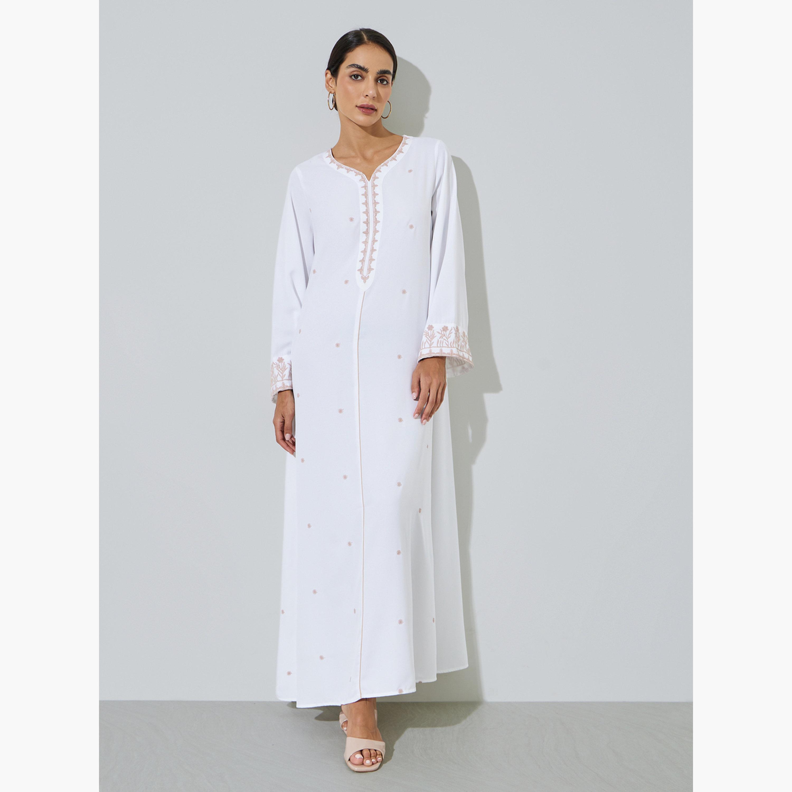 Amirah X Styli White Embroidered V Neck Jalabiya-women-arabicclothing-jalabiyas-image-1
