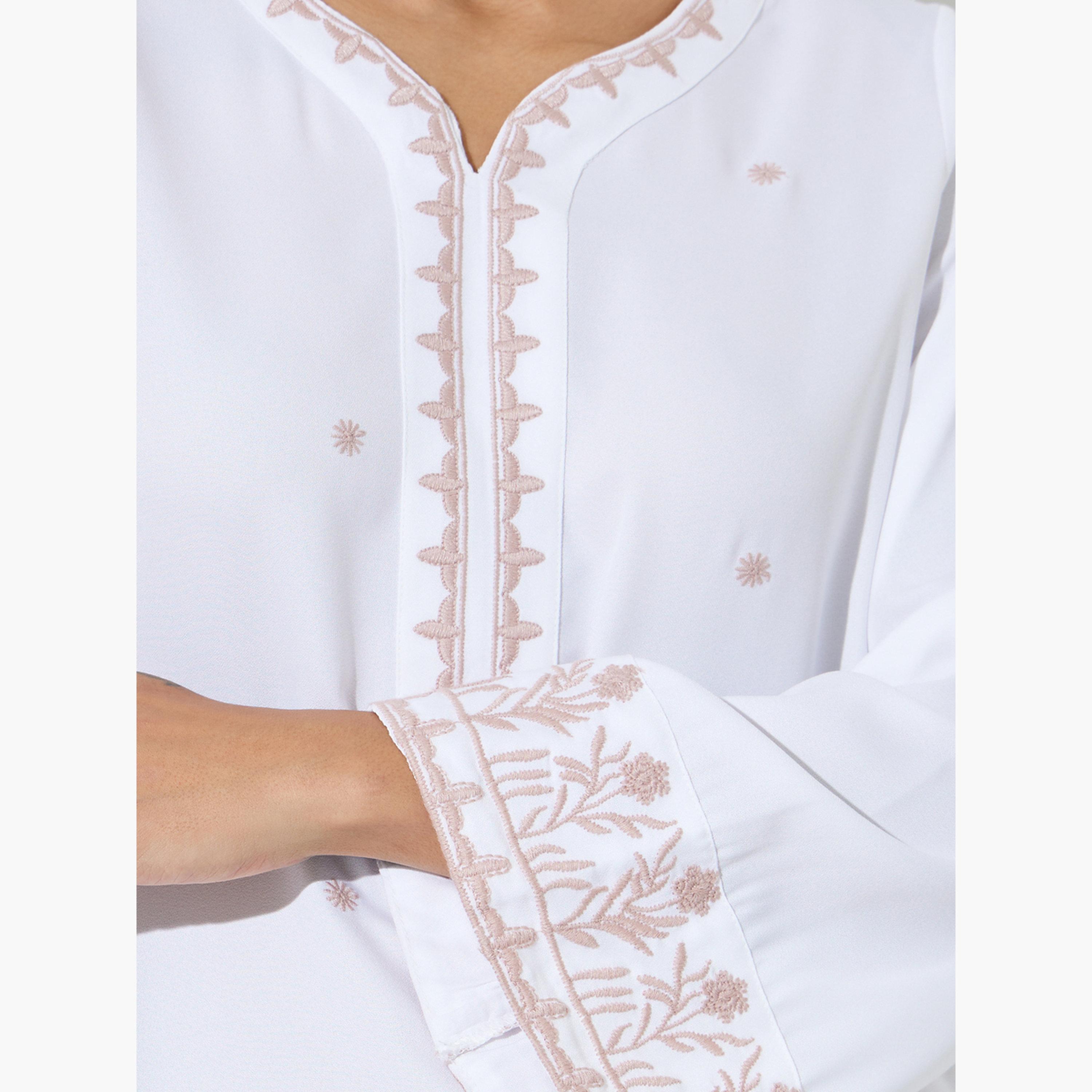 Amirah X Styli White Embroidered V Neck Jalabiya-women-arabicclothing-jalabiyas-image-6