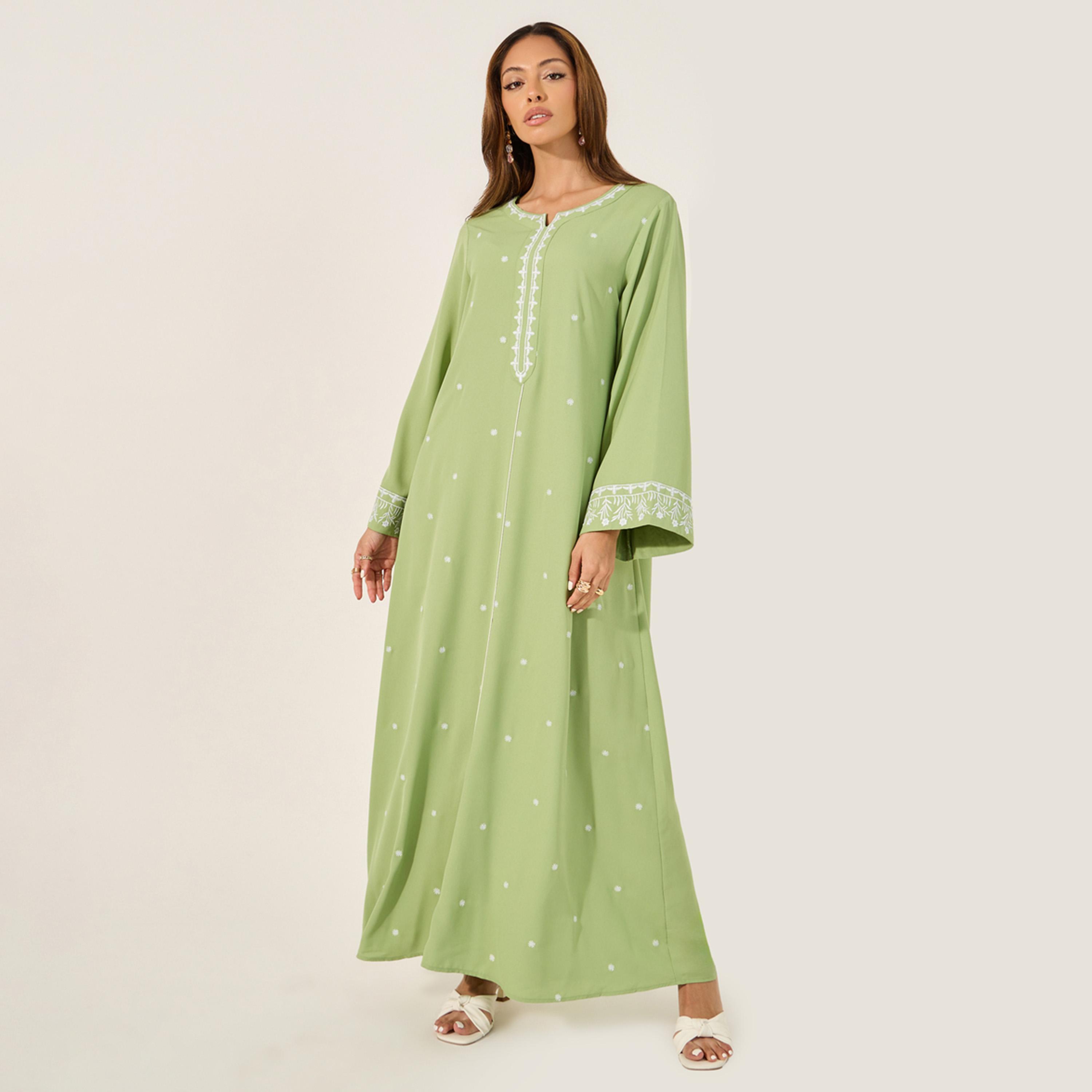 Amirah X Styli Embroidered Notch Neck A-Line Jalabiya-women-arabicclothing-jalabiyas-image-1