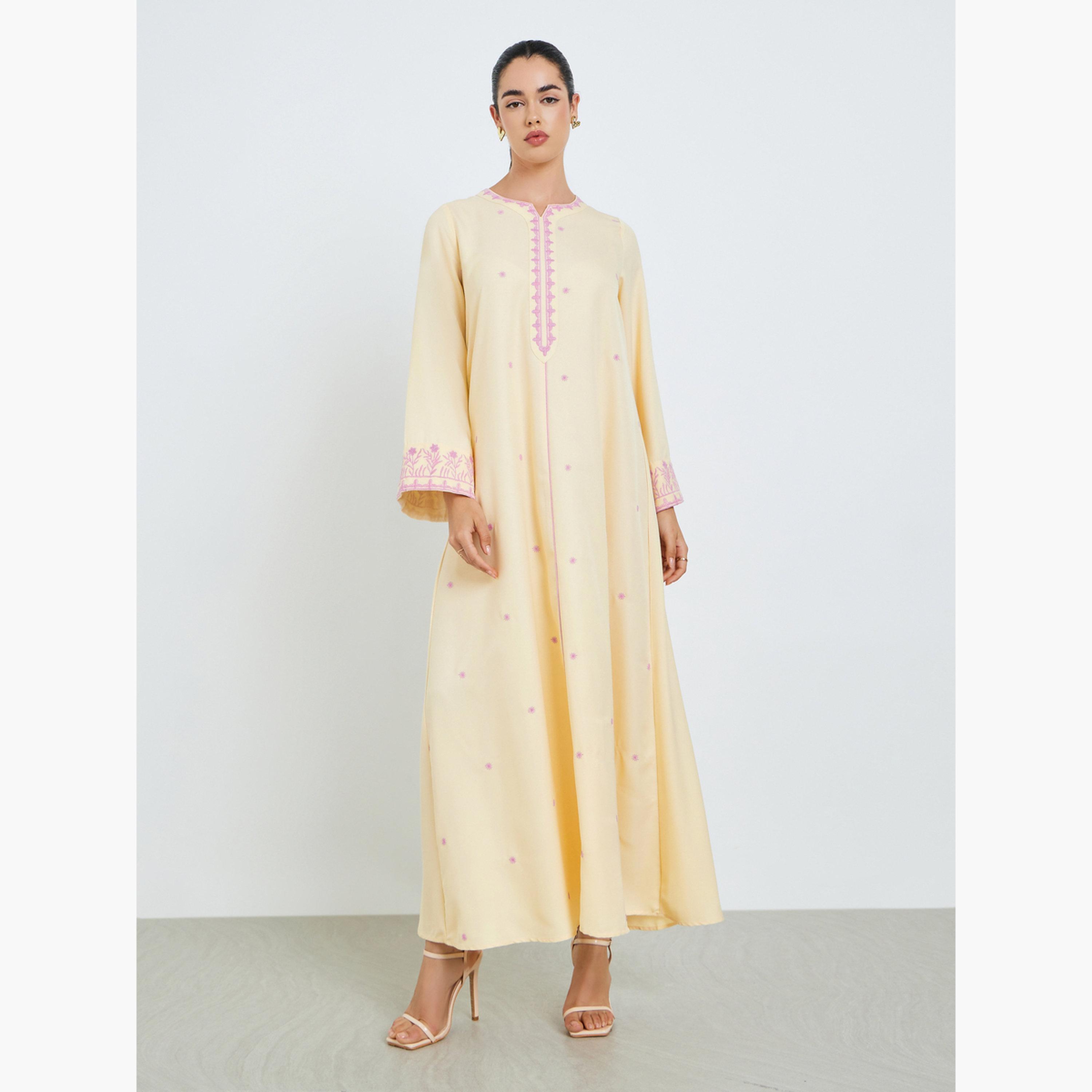 Styli Women Yellow Embroidered A-Line Jalabiya-women-arabicclothing-jalabiyas-image-1